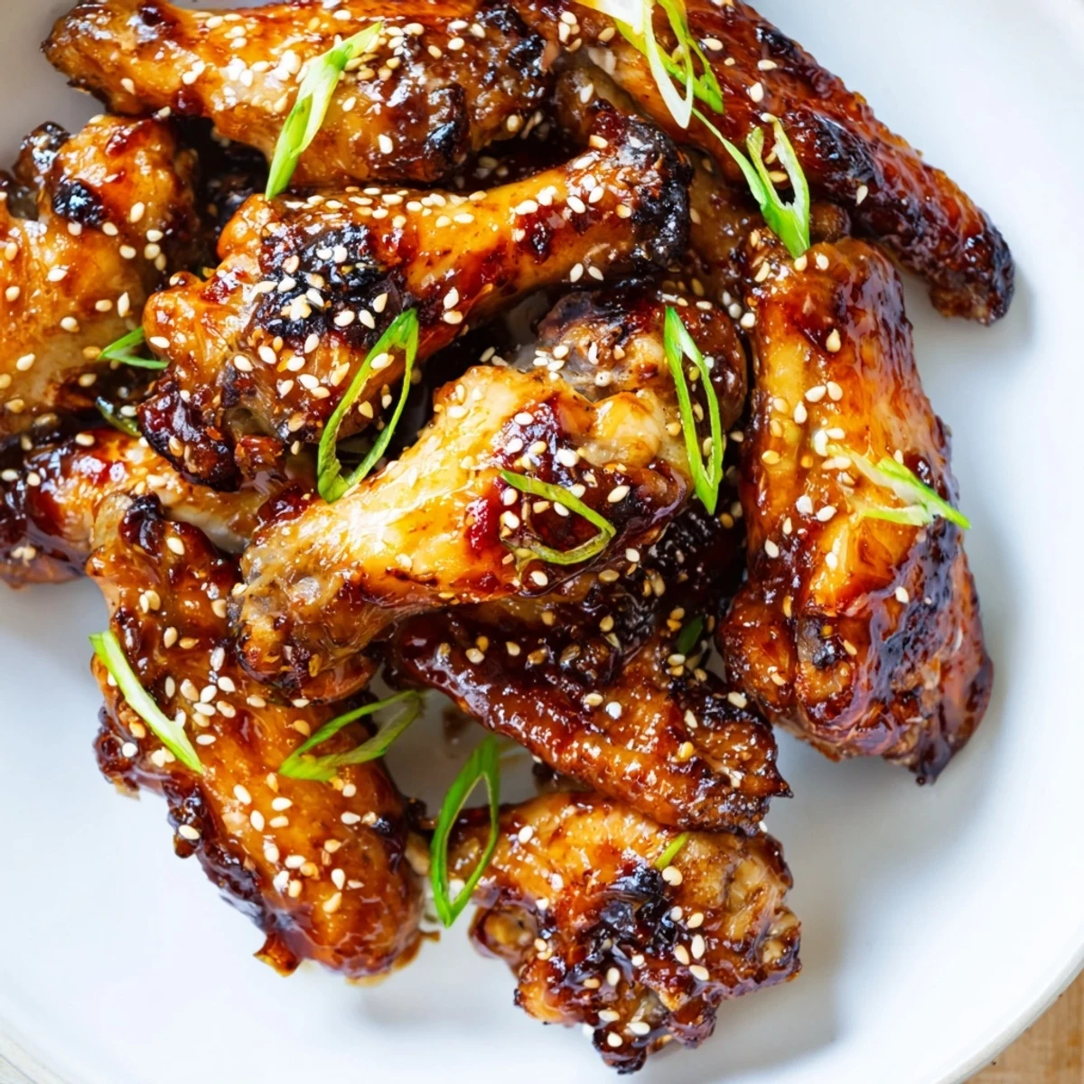 A plate of Sticky Teriyaki Baked Wings tossed in glossy glaze, garnished with scallions