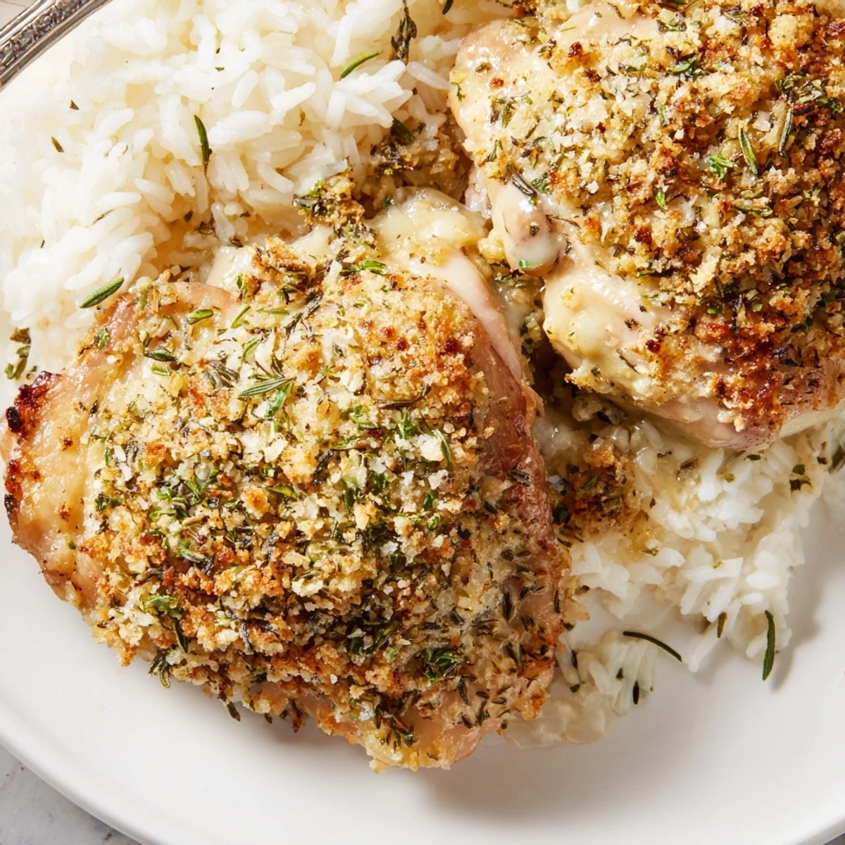 Golden Herb Crusted Chicken Thighs In Creamy Garlic Sauce With Rice, steaming and fragrant.