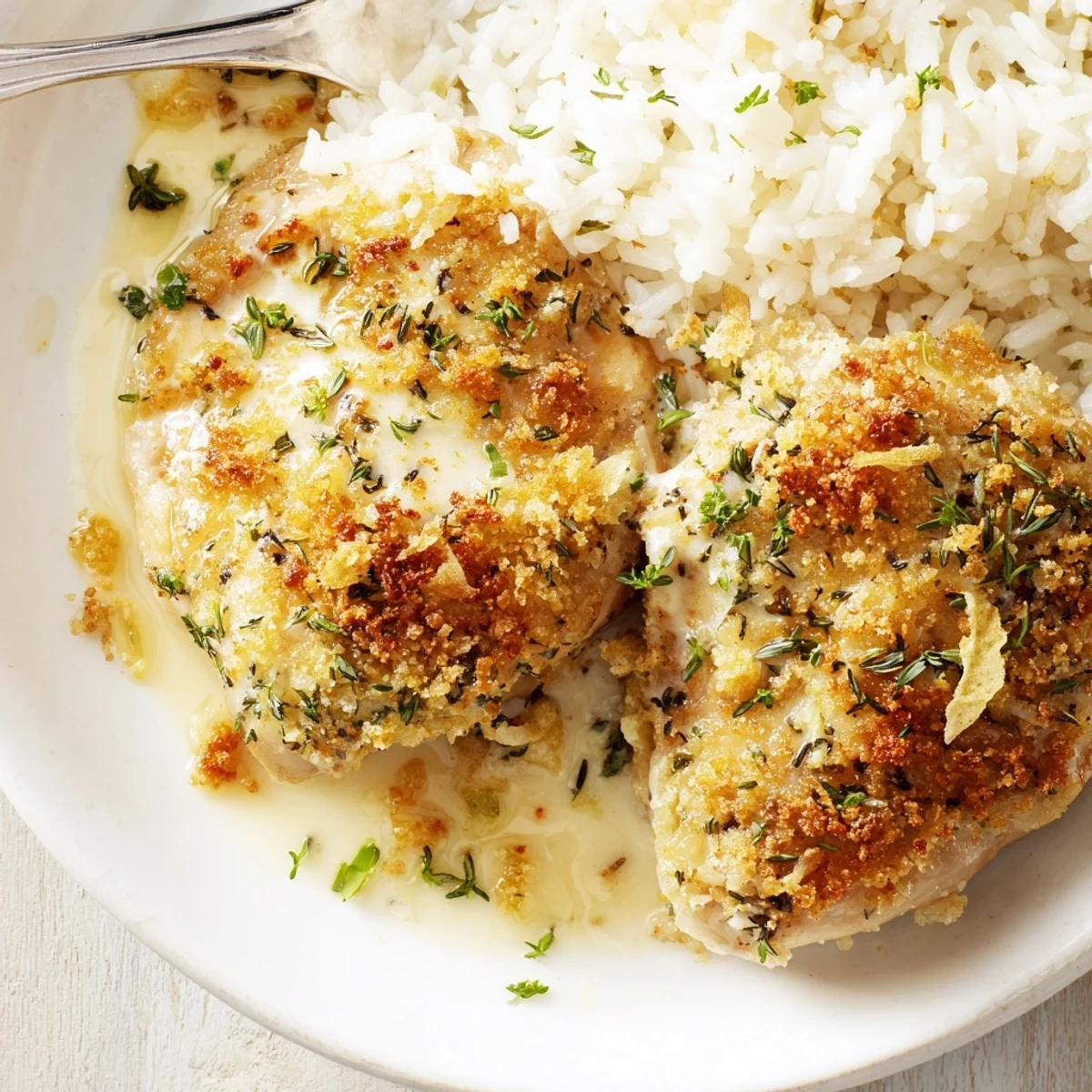 Golden Herb Crusted Chicken Thighs In Creamy Garlic Sauce With Rice, crispy, garlicky, spoon-ready.