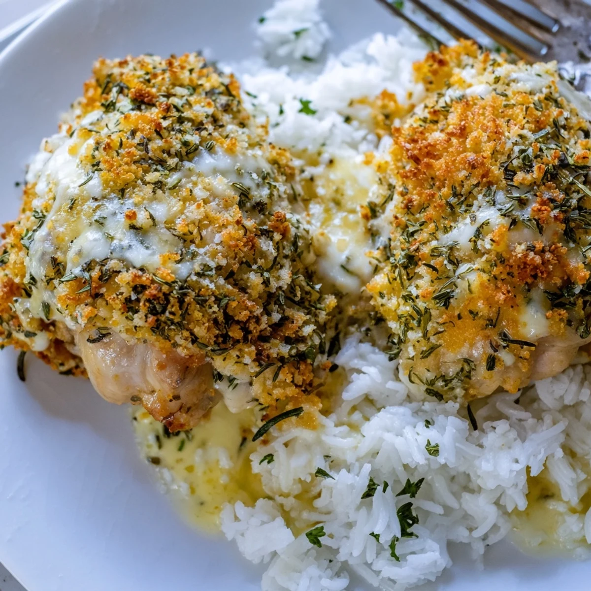 Golden Herb Crusted Chicken Thighs In Creamy Garlic Sauce With Rice served family style.
