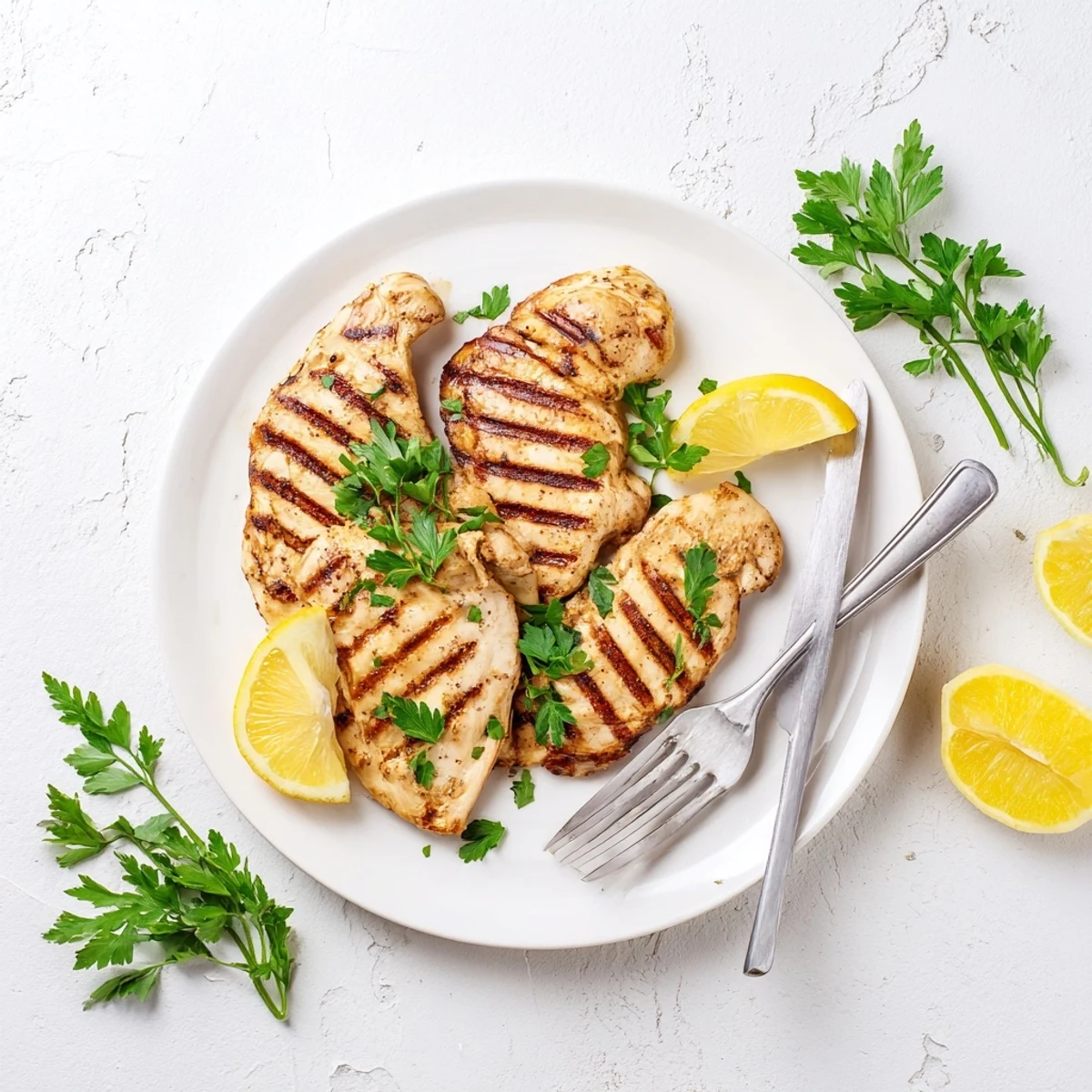 Golden brown grilled chicken breast with char marks resting on a white plate garnished with fresh parsley