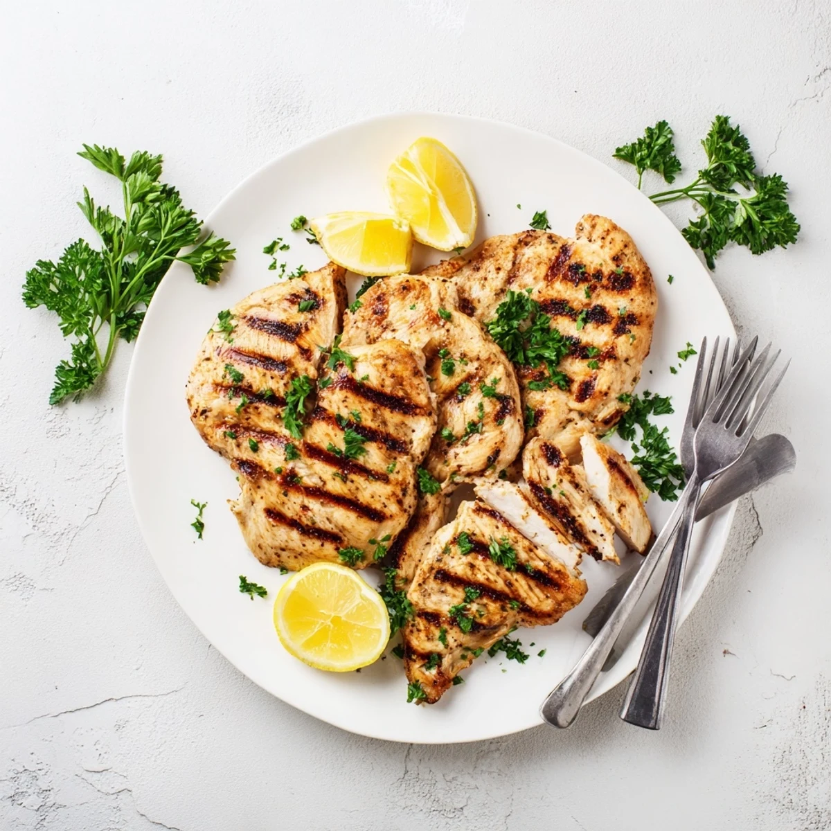Juicy herb marinated grilled chicken breasts served with lemon wedges on a rustic wooden cutting board