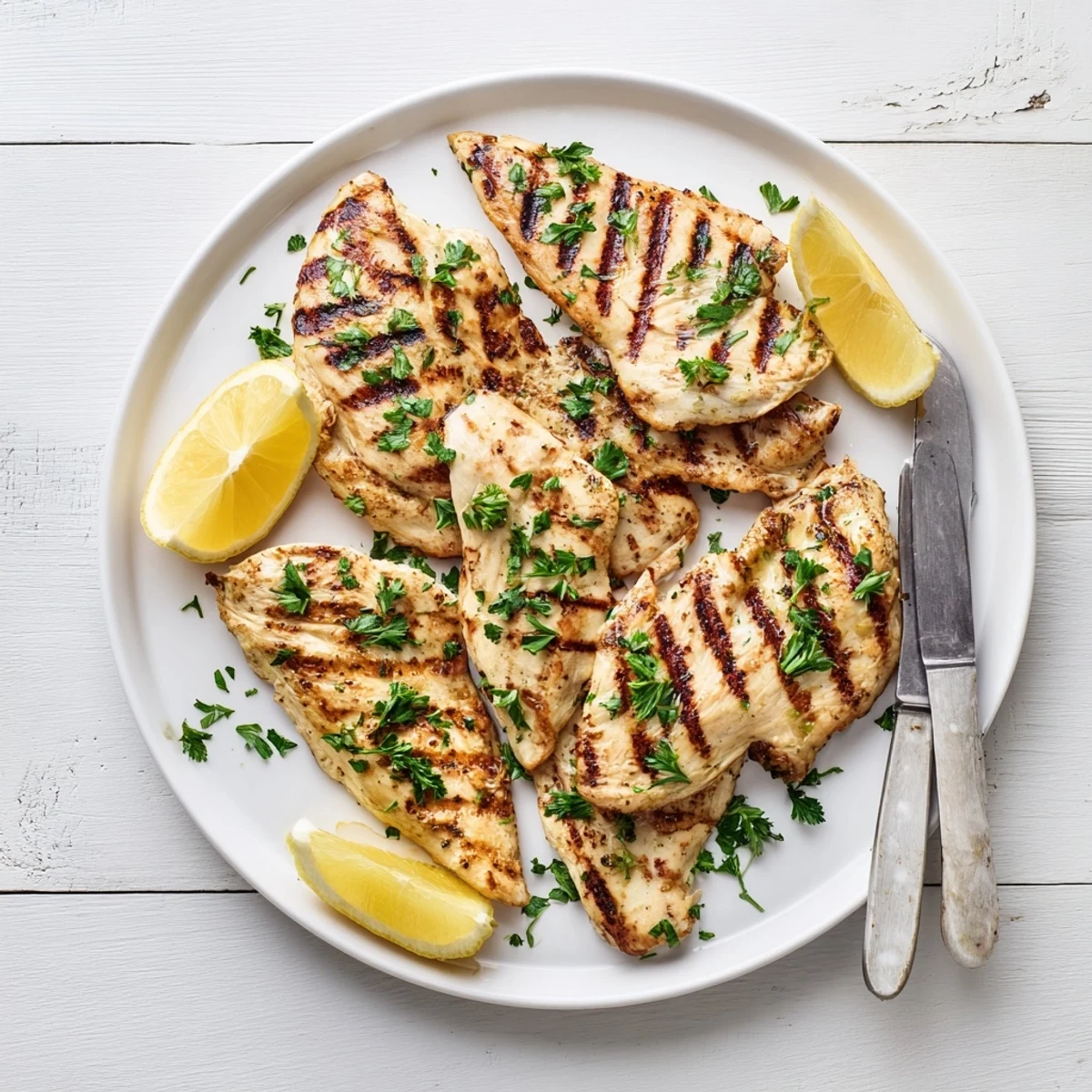 Perfectly grilled chicken with distinctive grill lines plated alongside vibrant summer vegetables for a complete dinner