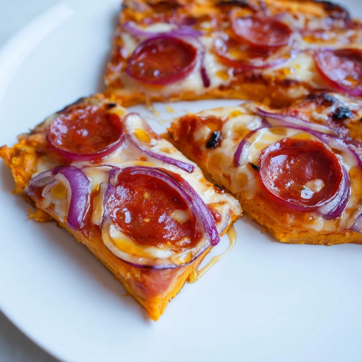 Golden pepperoni hot honey pizza with sweet potato crust drizzled with spicy honey