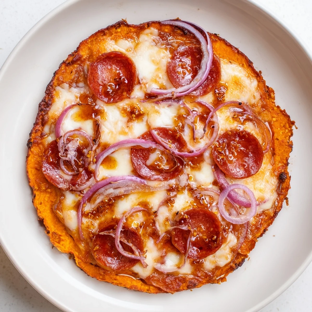 Gluten-free sweet potato crust pizza topped with melted mozzarella pepperoni and red onion slices