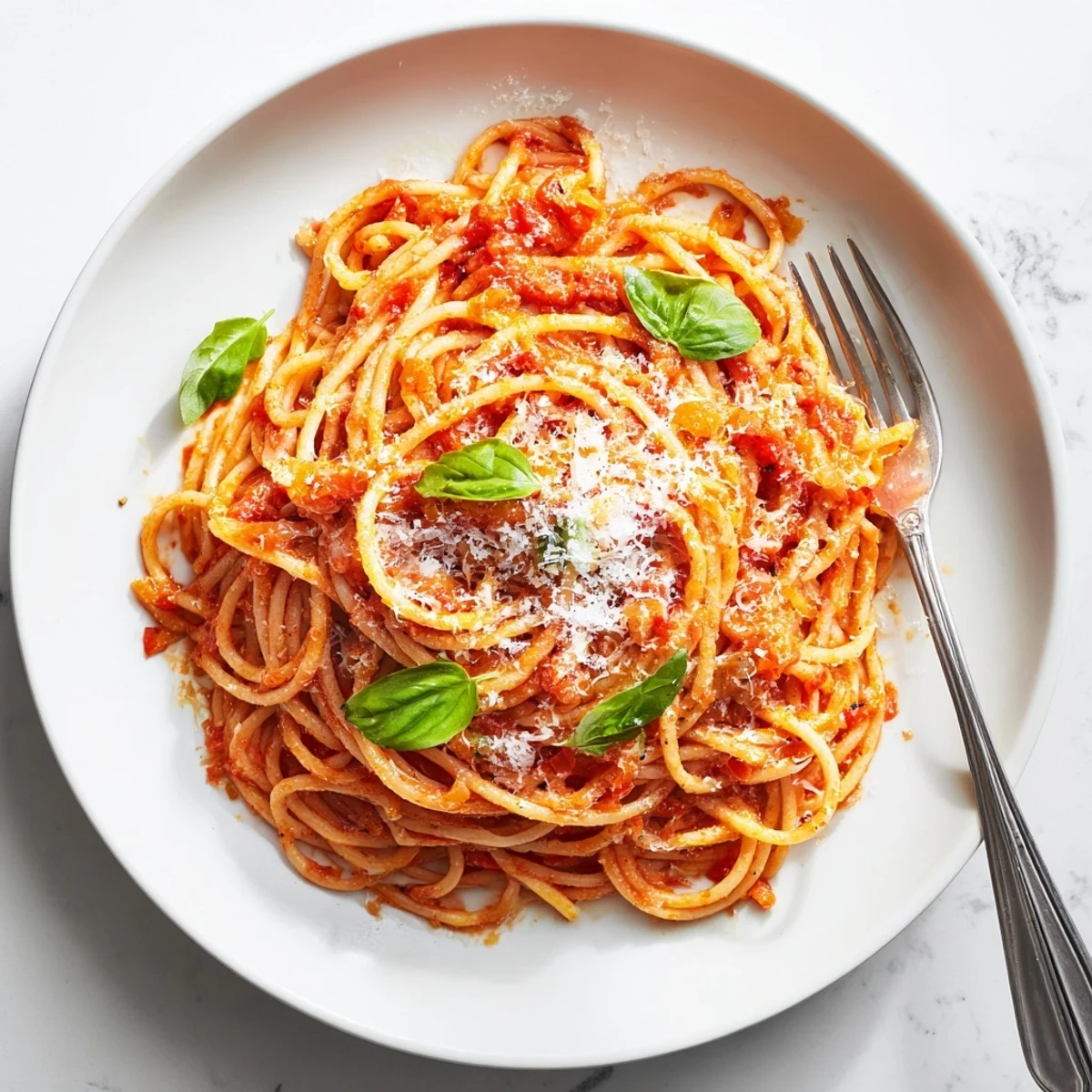 Golden spaghetti pasta coated in rich red tomato sauce topped with freshly grated Parmesan cheese and green basil leaves