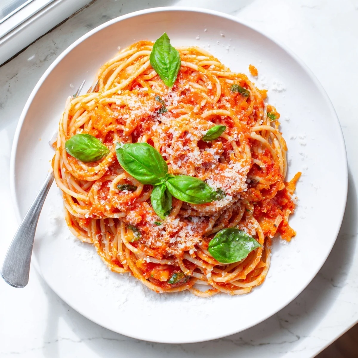 Steamy bowl of classic Italian pasta tossed with savory herbs and finished with a sprinkle of Parmesan and fresh basil