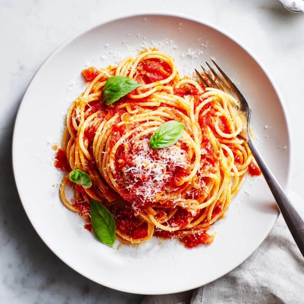 Close up of al dente pasta noodles swimming in aromatic tomato-based sauce with generous Parmesan shreds and basil garnish