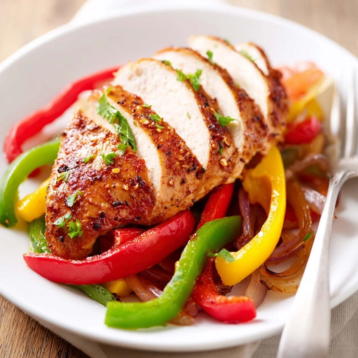 One Pan Chicken And Peppers sizzling with golden seared chicken and roasted peppers