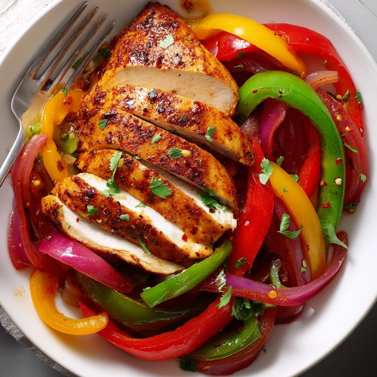 Serve One Pan Chicken And Peppers hot over rice, fragrant garlic and parsley
