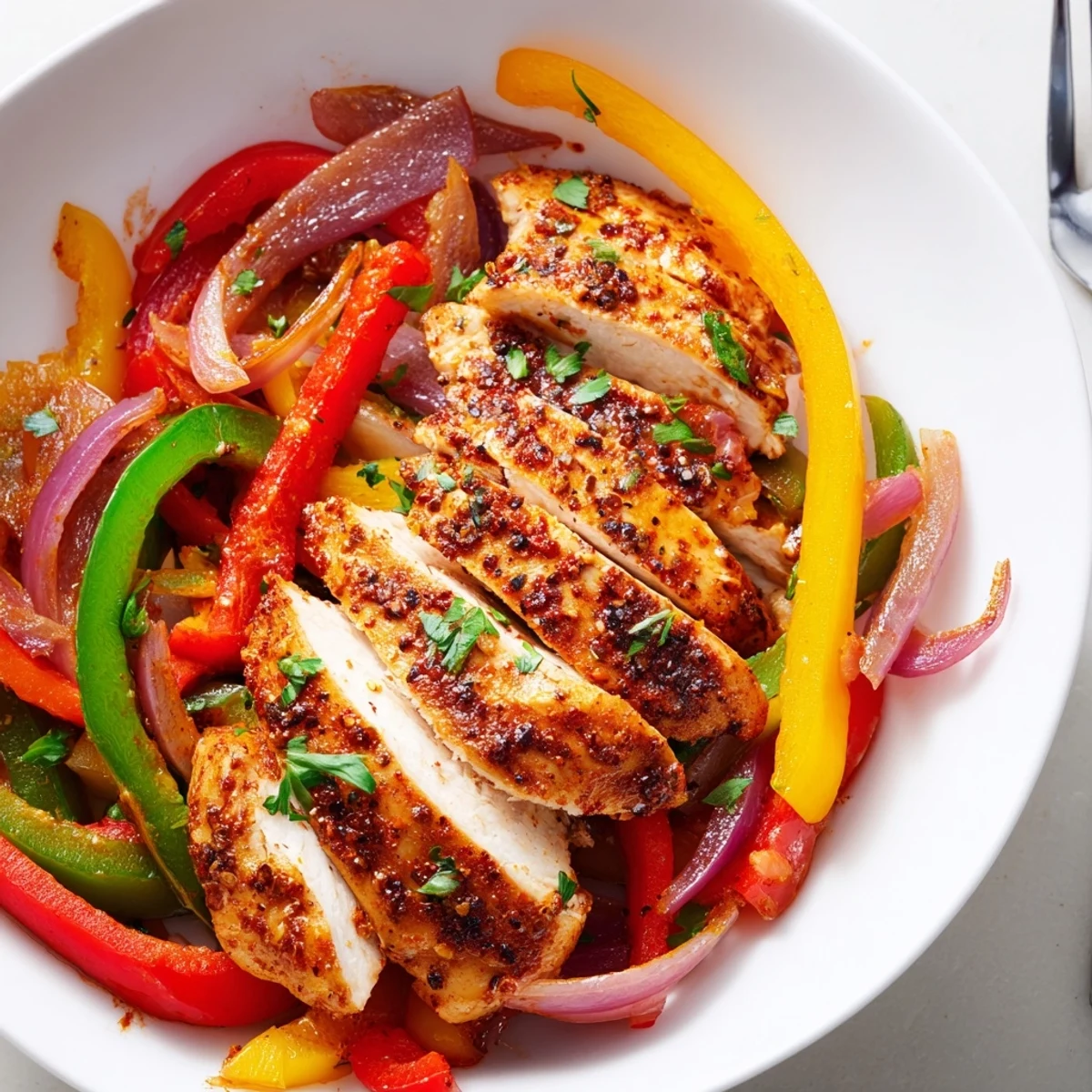 Roasted One Pan Chicken And Peppers nestled on skillet, colorful bell peppers and onions