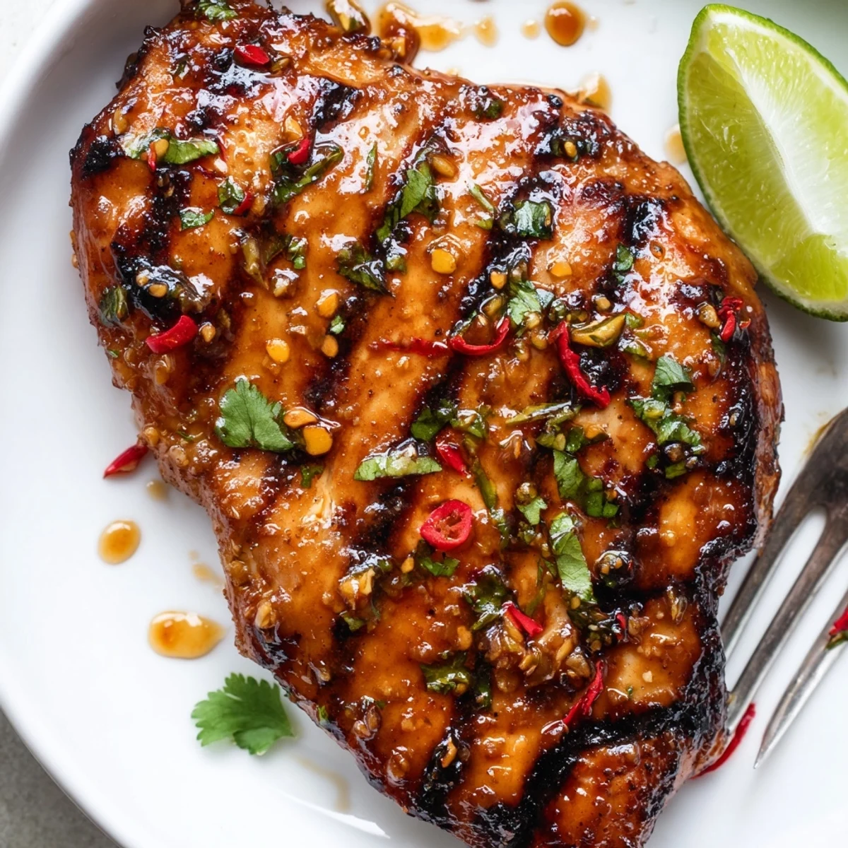 Key West Grilled Chicken With Tropical Citrus Marinade juicy tangy, garnished with cilantro lime