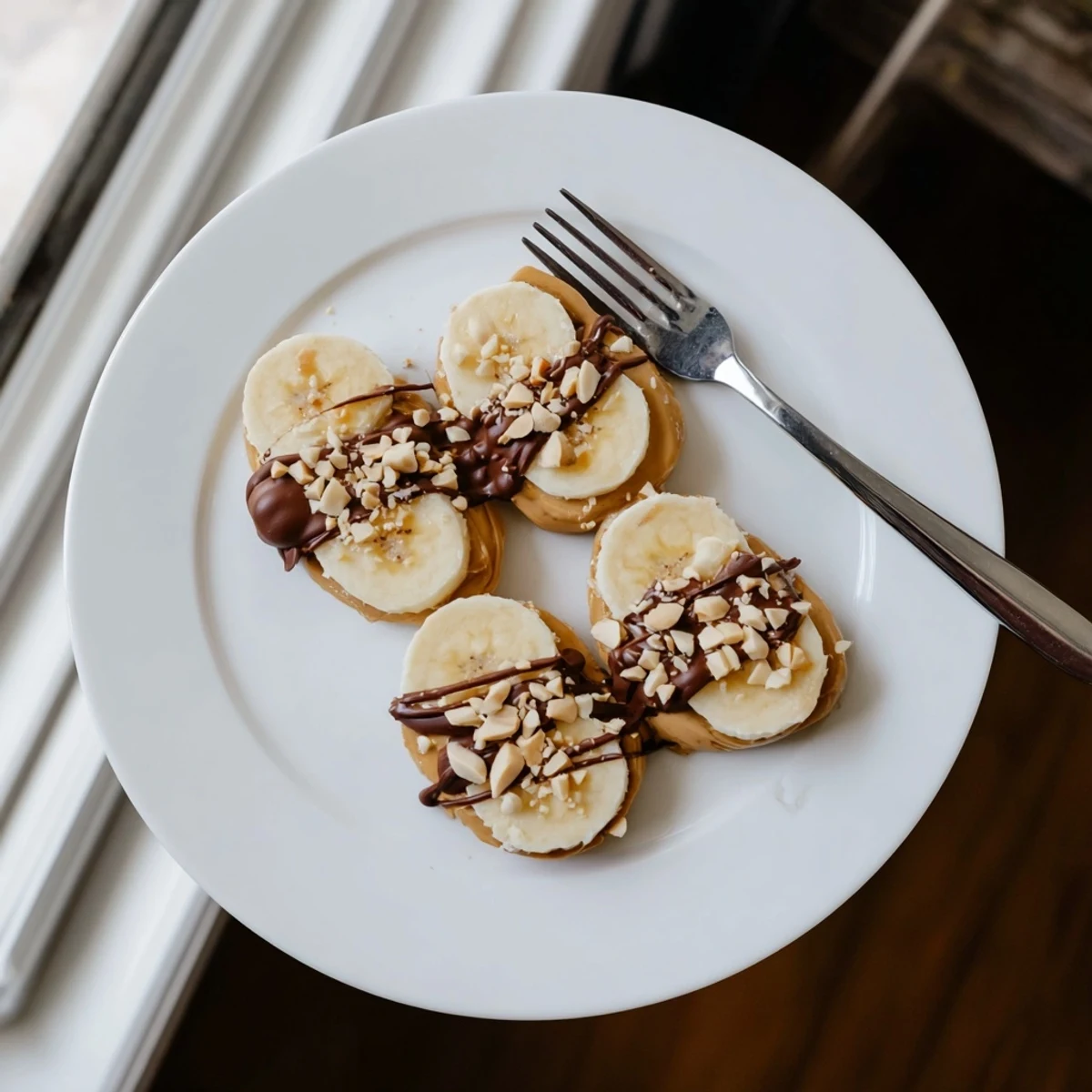 Chilled Chocolate Peanut Butter Banana rounds, creamy layer and shredded coconut topping