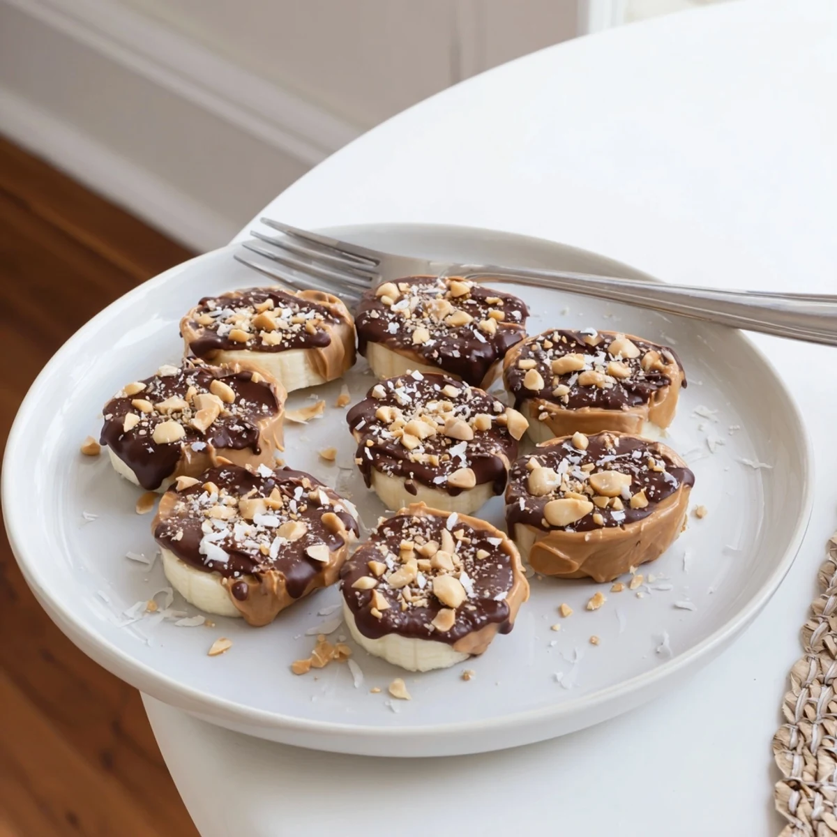 Chocolate Peanut Butter Banana bites with glossy chocolate drizzle and crunchy peanuts