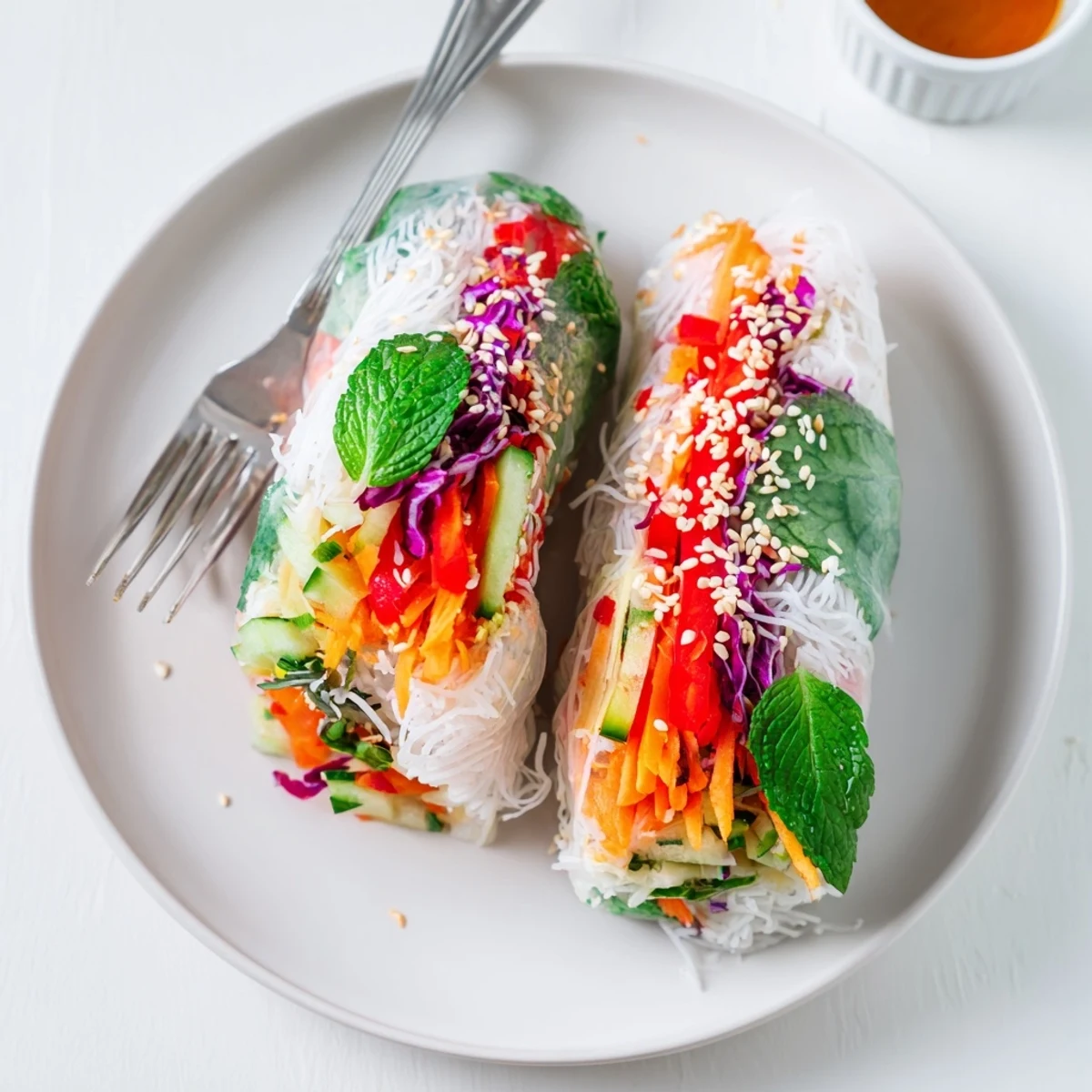 Gluten Free Vegetable Spring Rolls plated with dipping sauce, crisp colorful textures.