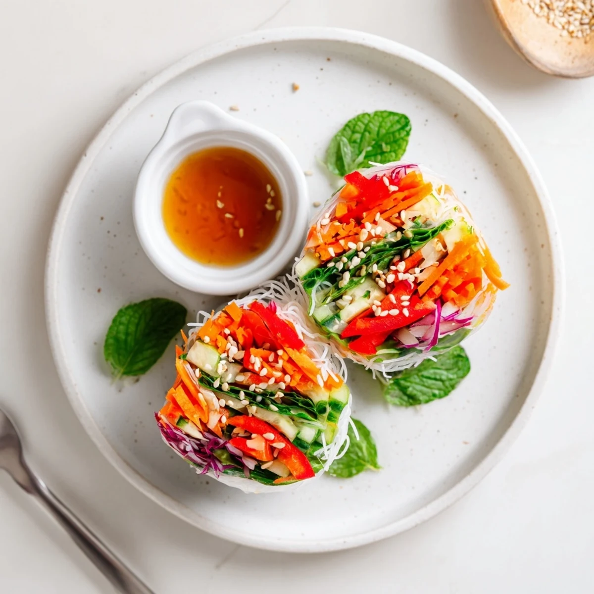 Hand rolled Gluten Free Vegetable Spring Rolls on board, vibrant fillings and lime.