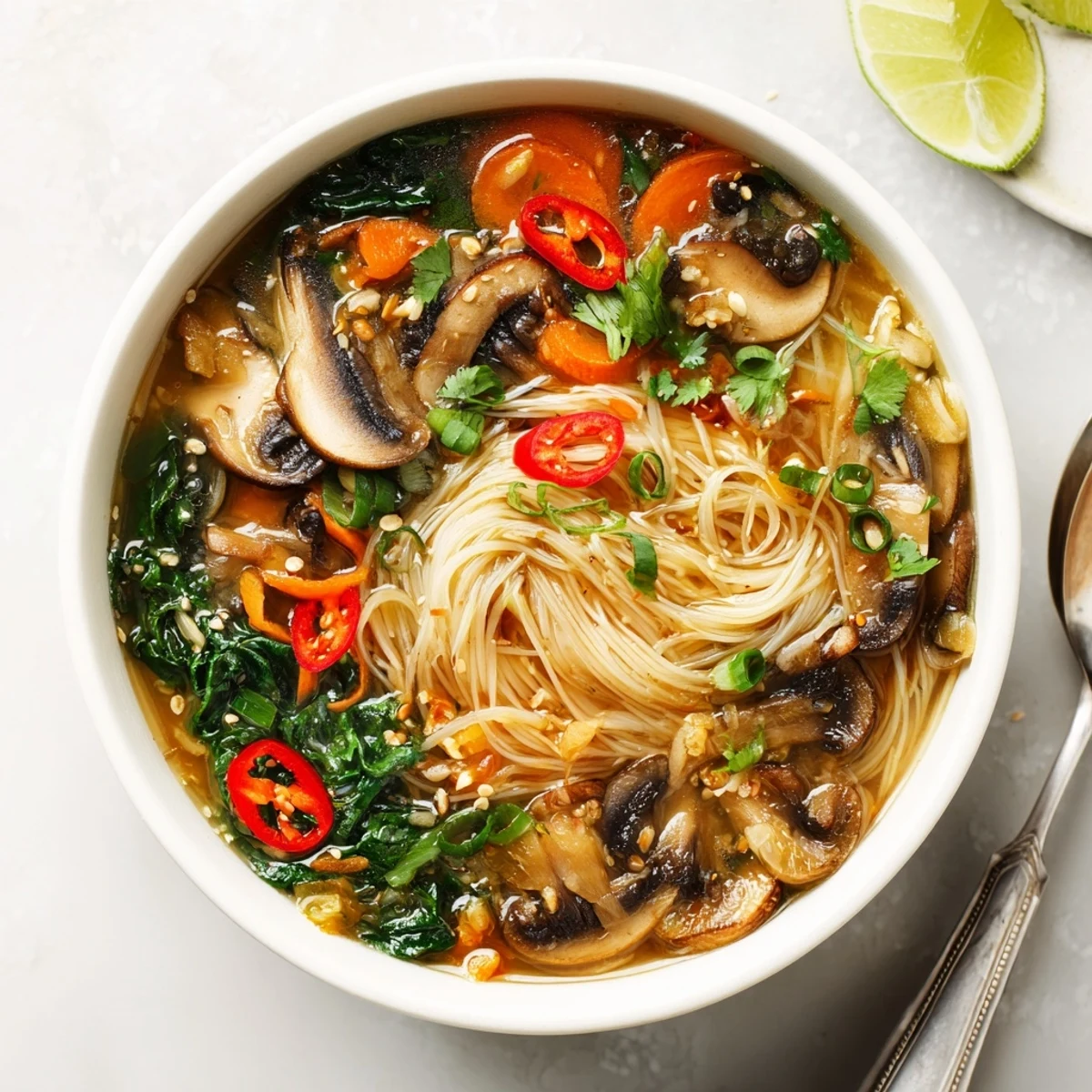 Bowl of Cozy Ginger Garlic Mushroom Noodle Soup steaming, aromatic broth, lime