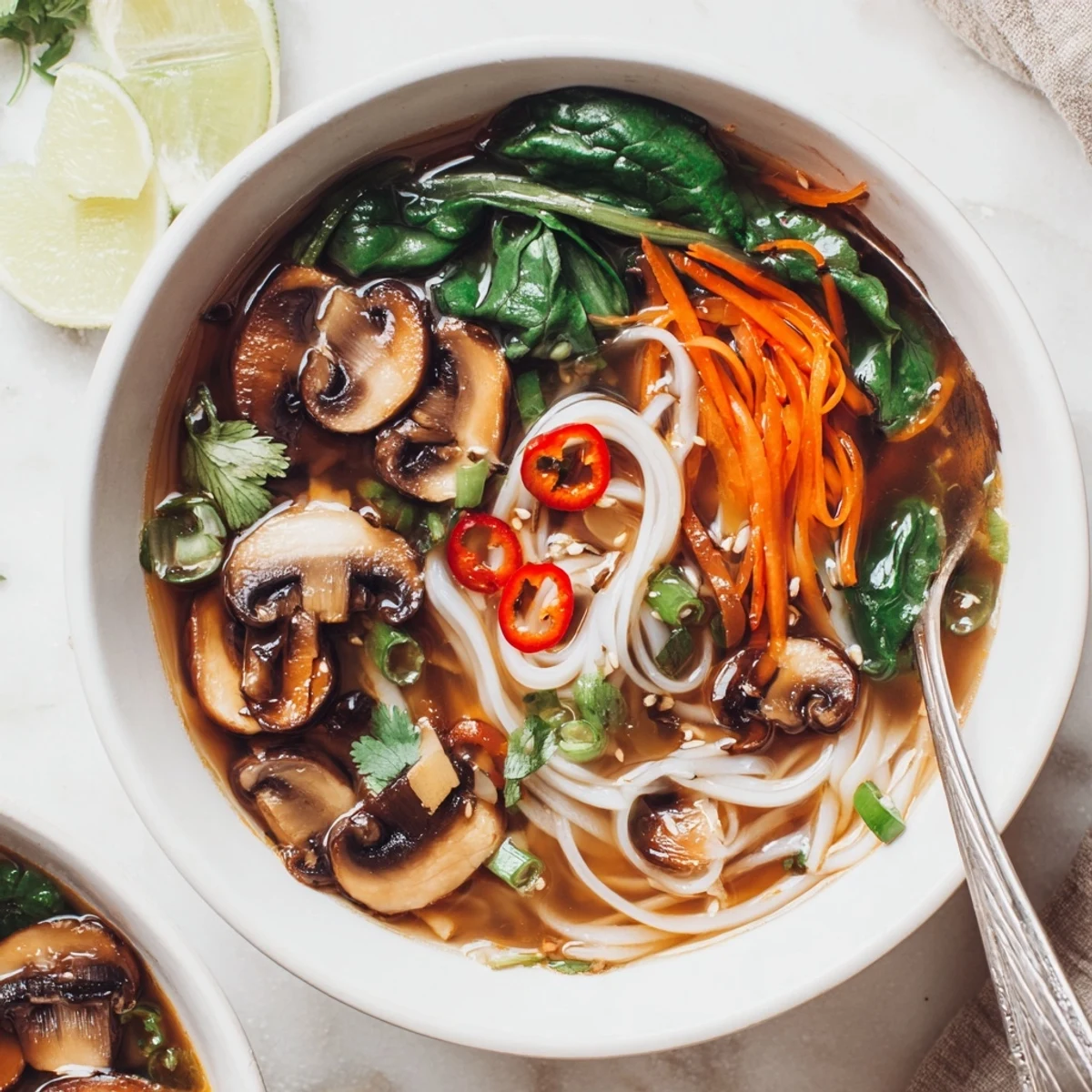 Warm Cozy Ginger Garlic Mushroom Noodle Soup poured over noodles, chili flakes