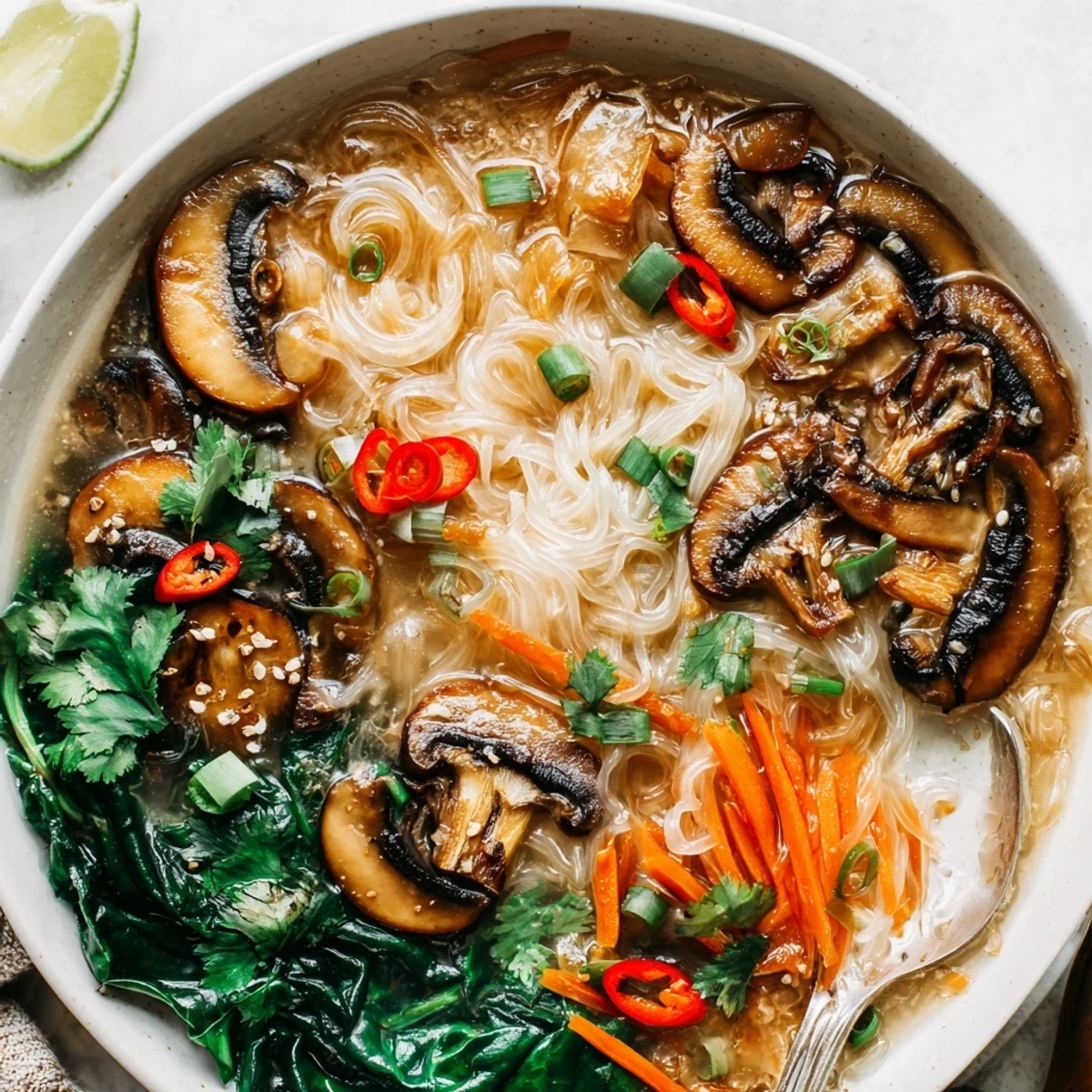 Hearty Cozy Ginger Garlic Mushroom Noodle Soup with wilted spinach, scallions