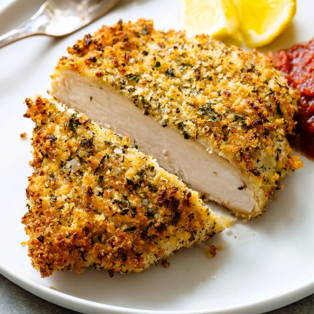 Crispy Parmesan Chicken with golden, crunchy crust and juicy sliced interior