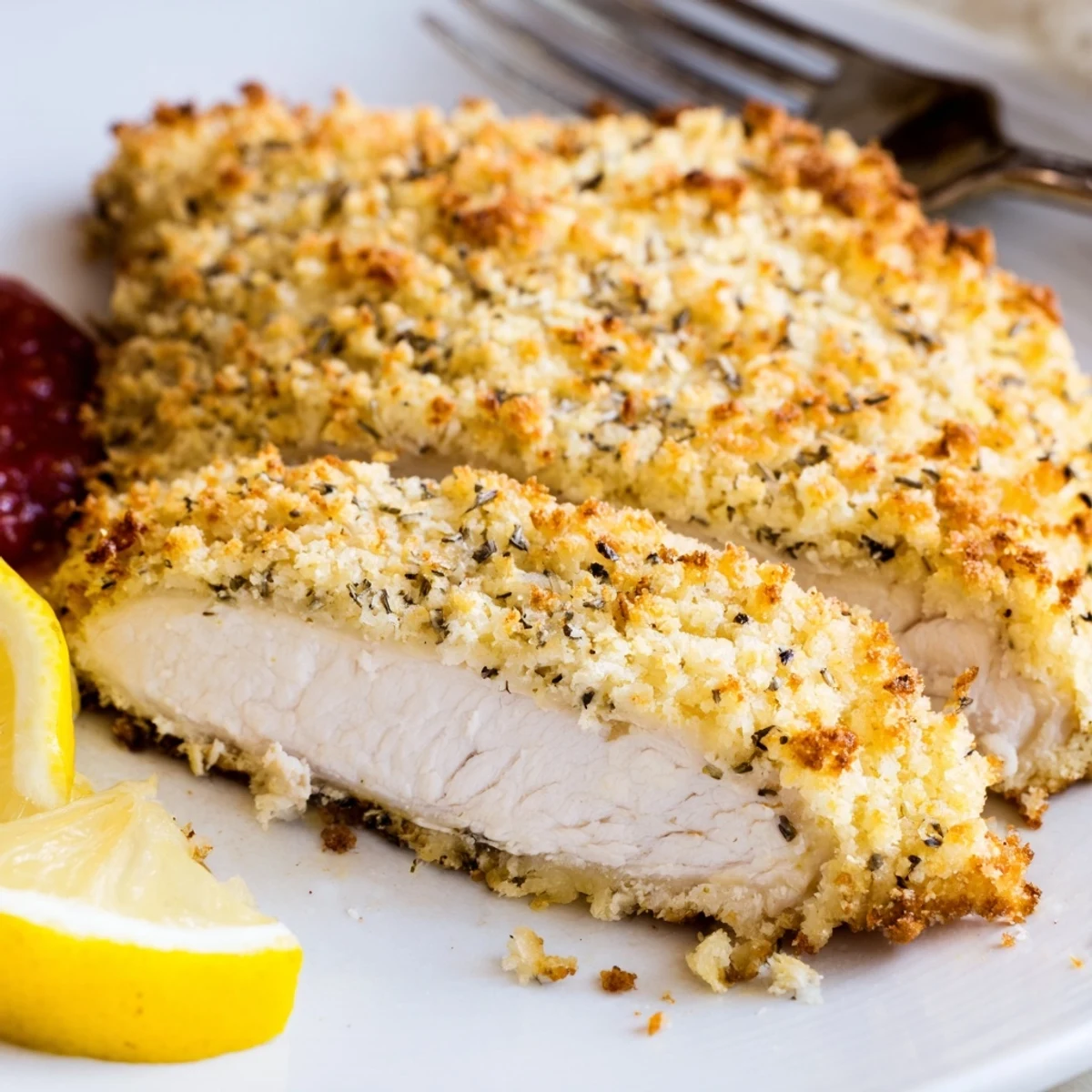 Pan-fried Crispy Parmesan Chicken cooling on parchment beside lemon wedges