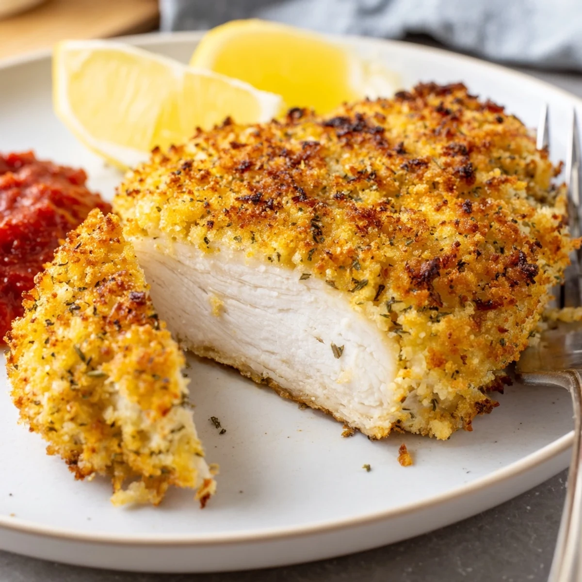 Sliced Crispy Parmesan Chicken served over salad with marinara and basil