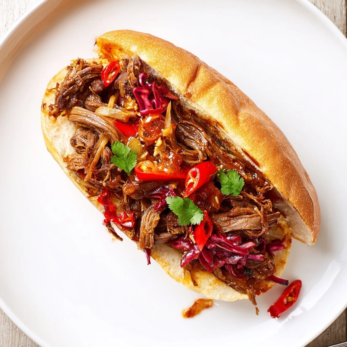 Pineapple Chili Pulled Beef Sandwiches piled high on toasted buns, tangy and spicy