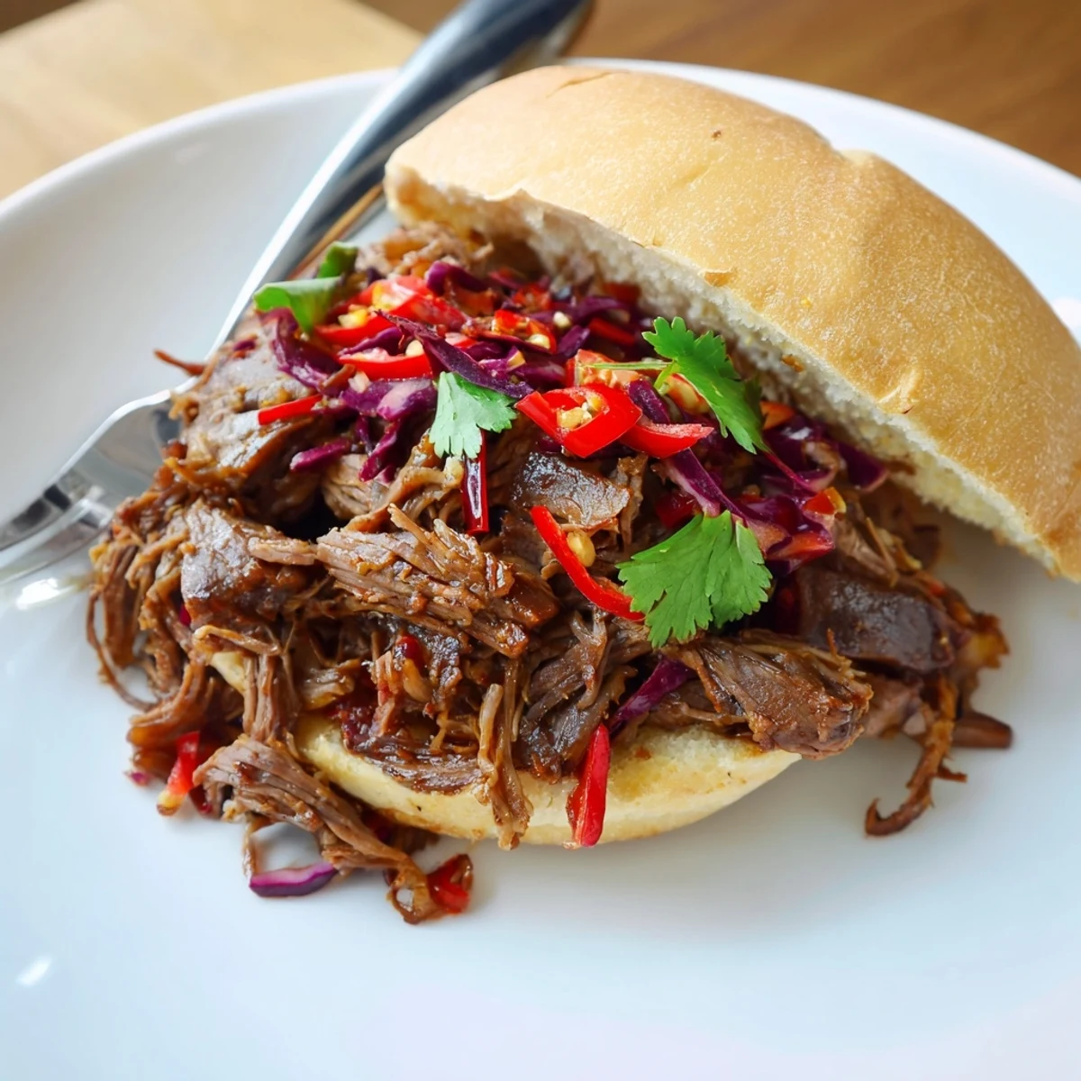 Slow-cooked Pineapple Chili Pulled Beef Sandwiches, juicy meat, sweet pineapple, crisp cabbage topping