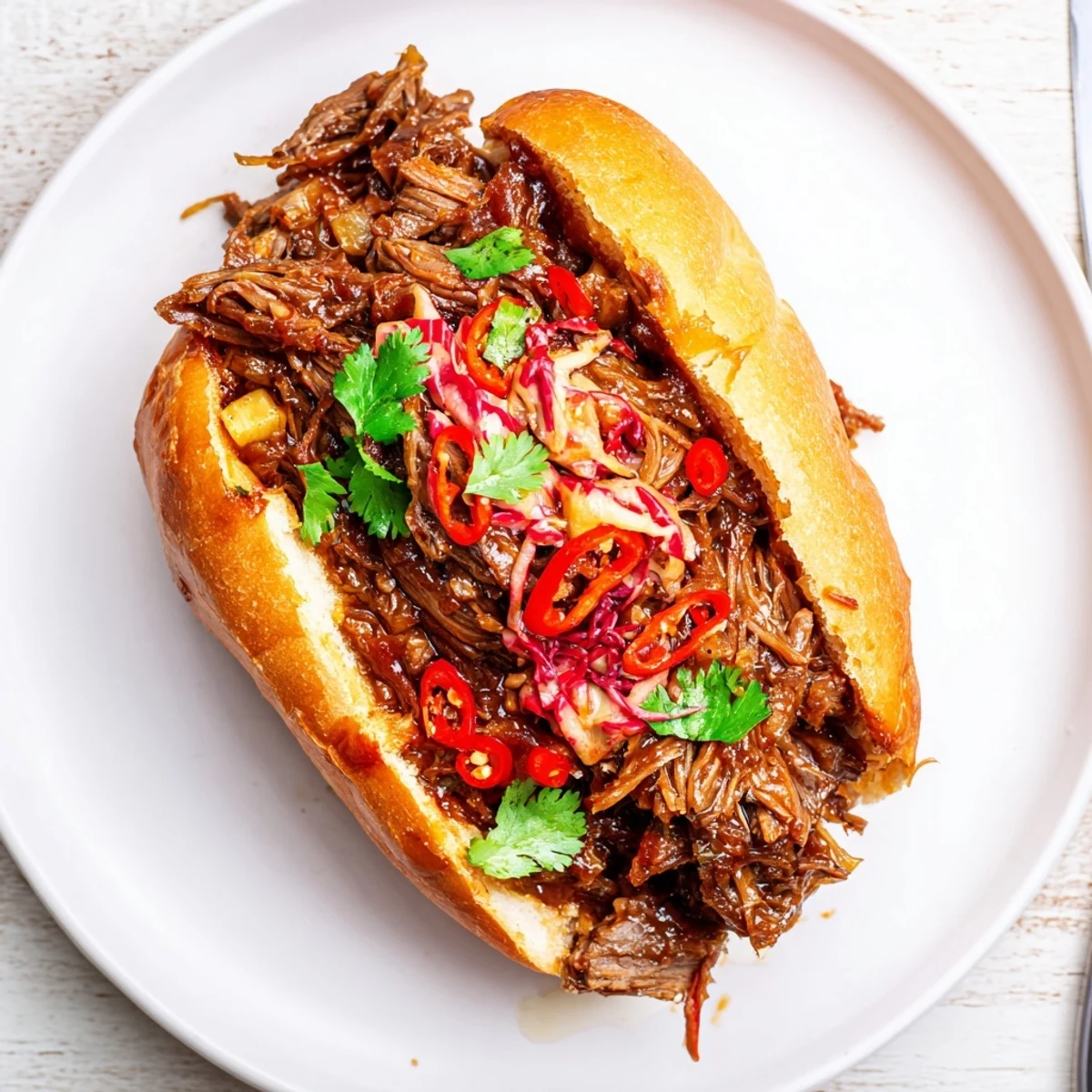 Pineapple Chili Pulled Beef Sandwiches served with zesty aioli and cilantro, bright flavors