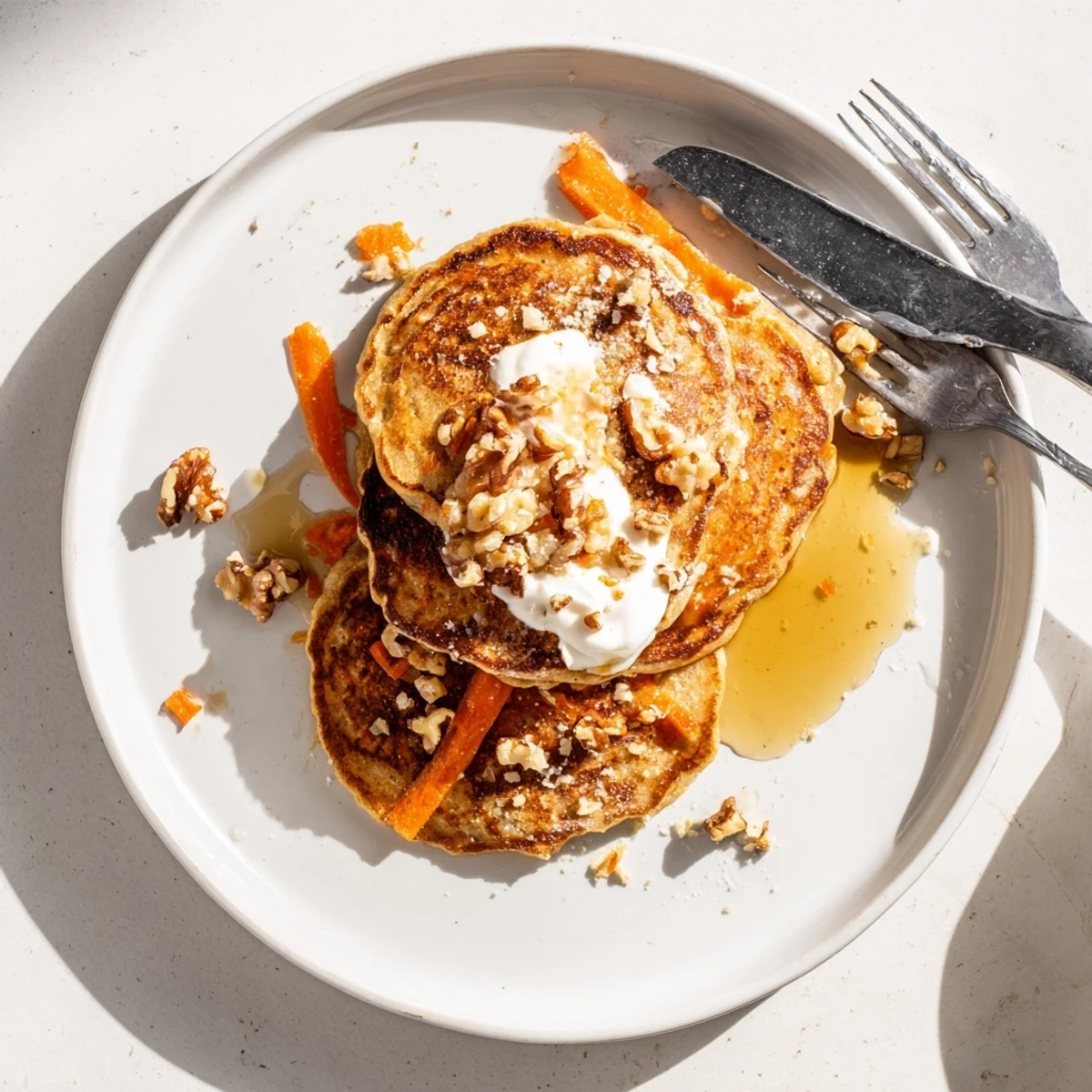Golden stack of fluffy carrot cake pancakes topped with cream cheese glaze and chopped walnuts