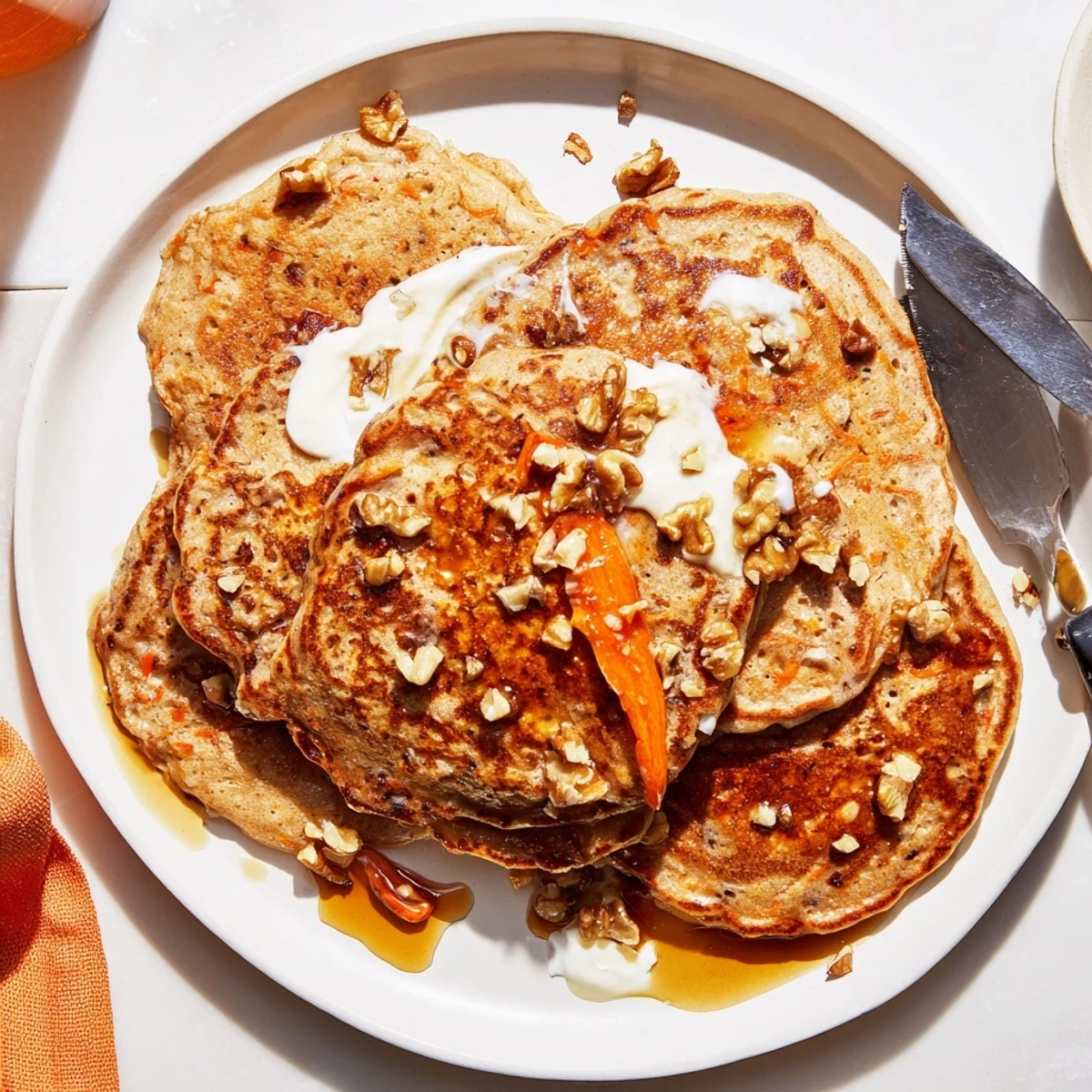 Warm spiced carrot cake pancakes drizzled with maple syrup on a white plate