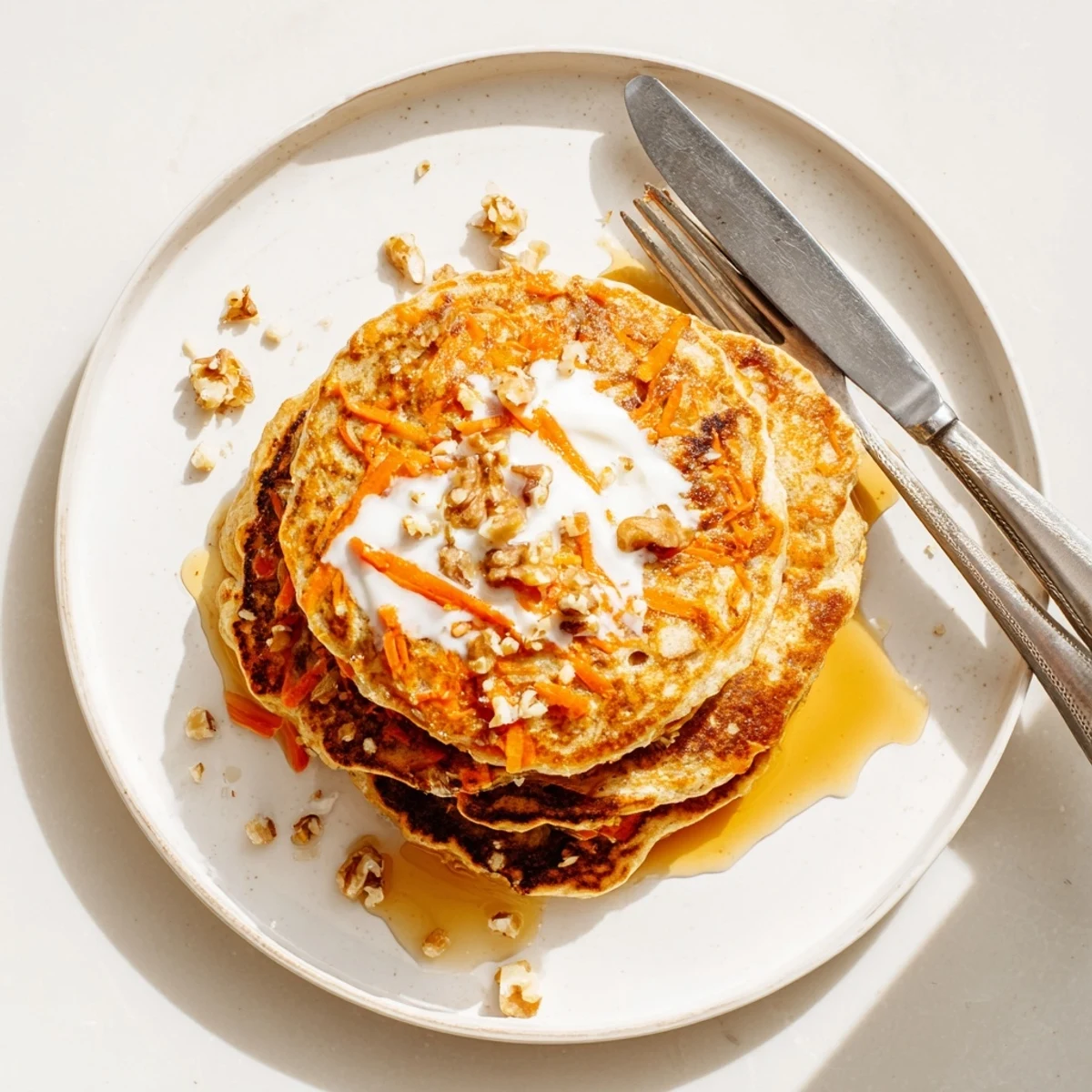Cozy breakfast spread featuring carrot cake pancakes with grated carrots and orange zest garnish