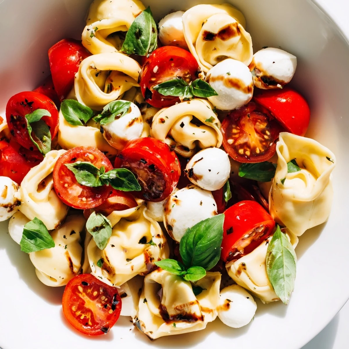 Colorful tortellini Caprese salad bowl featuring cheese-filled pasta with juicy cherry tomatoes, fresh mozzarella balls, and torn basil leaves drizzled with balsamic glaze