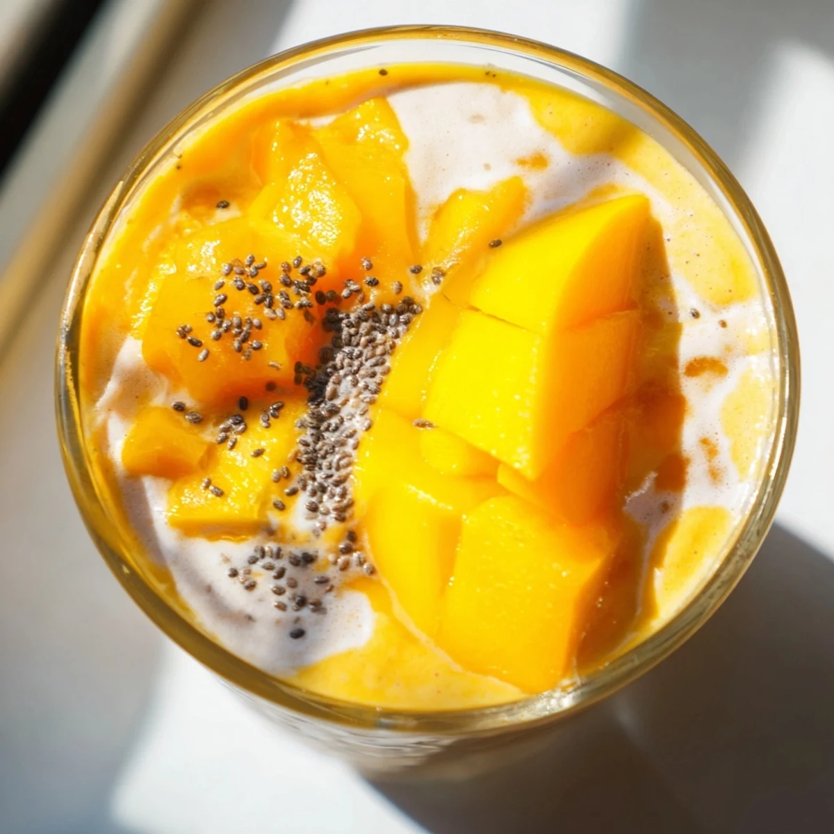 Tropical Sunrise Protein Smoothie poured into a glass with fresh mango slices and pineapple garnish on top