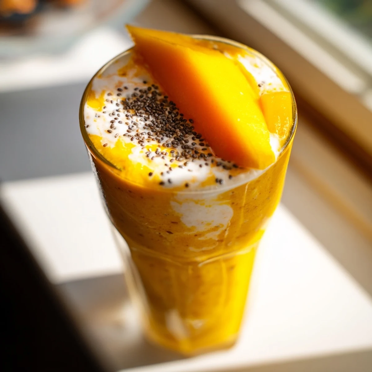Creamy orange and yellow blended Tropical Sunrise Protein Smoothie with coconut milk and vanilla protein powder