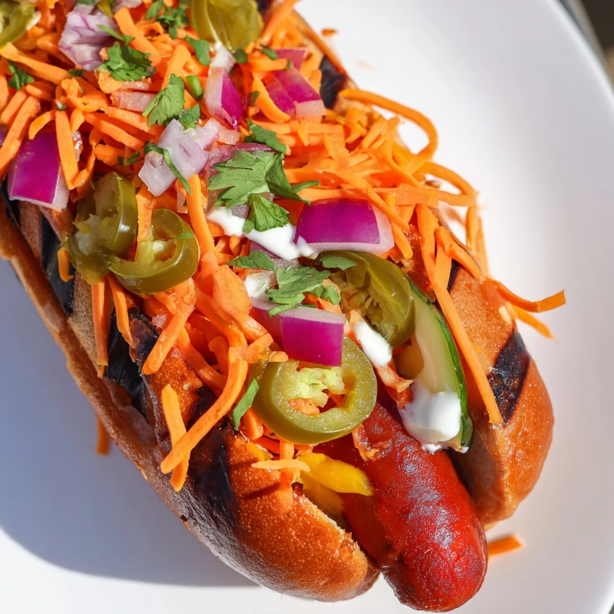 Spicy Firecracker Hot Dogs brushed with chili honey marinade and topped with colorful julienned carrots, cucumber, and cilantro