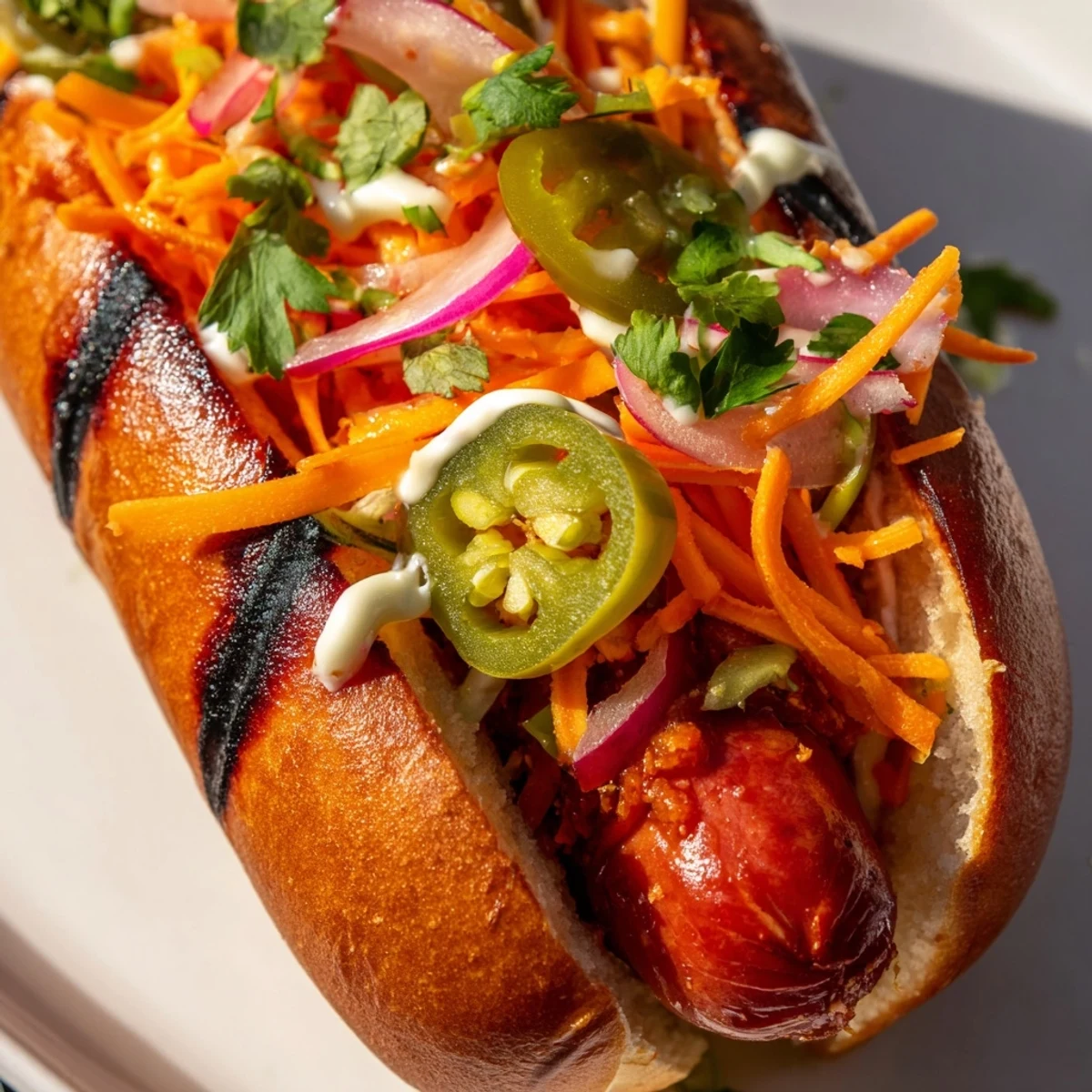 Grilled Spicy Firecracker Hot Dogs loaded with cheddar cheese, jalapeños, and fresh crunchy vegetable toppings in toasted buns