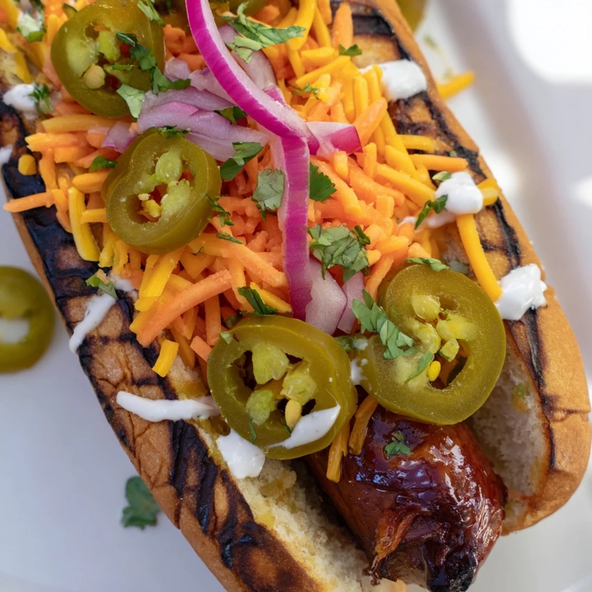 Caramelized Spicy Firecracker Hot Dogs served on golden toasted buns with melted cheese, pickled jalapeños, and red onion