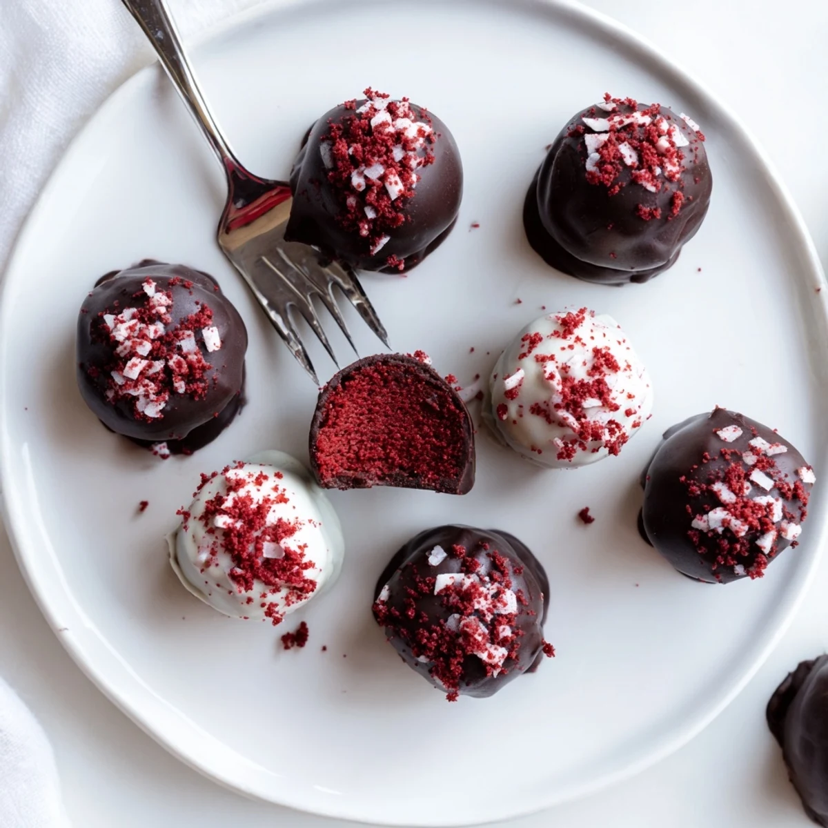 Decadent red velvet cheesecake balls displaying smooth chocolate coating and soft creamy center inside