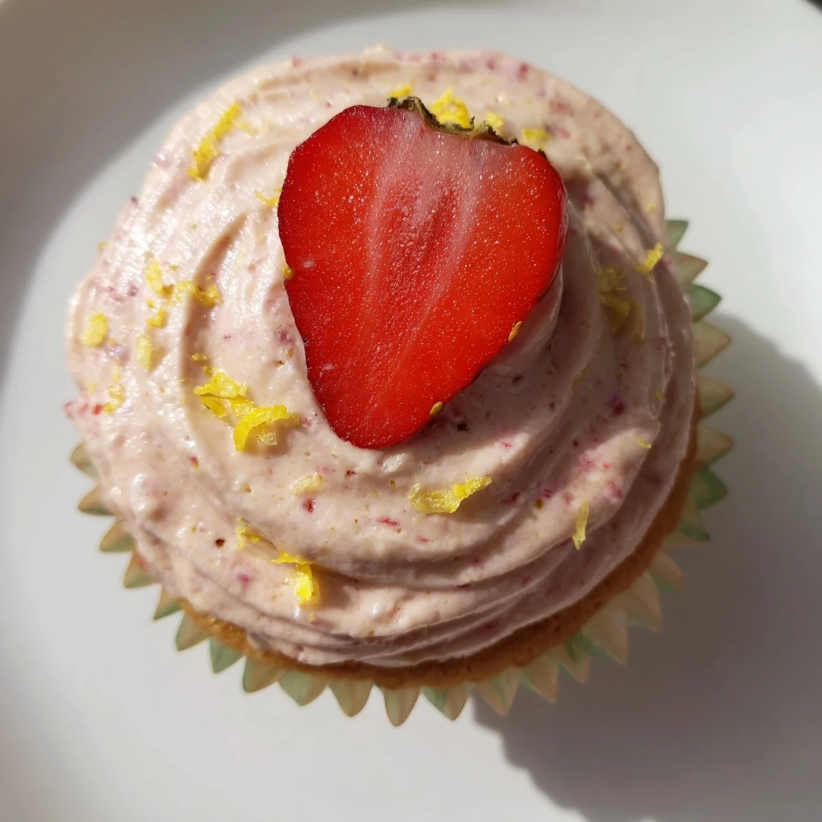Fresh strawberry lemonade cupcakes topped with swirls of pink strawberry buttercream frosting on a white plate