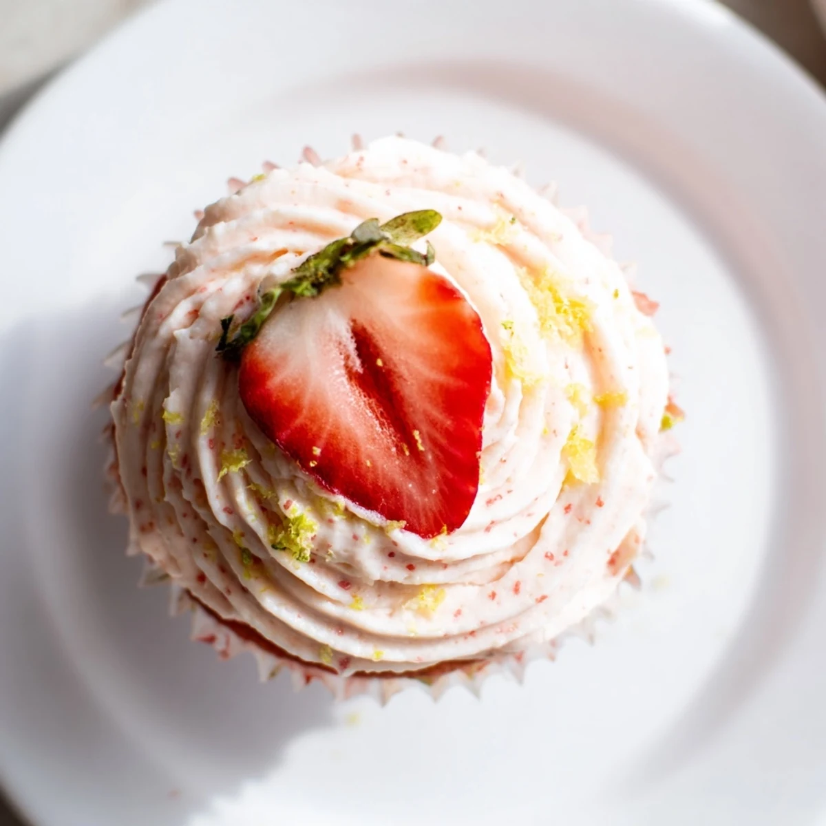 Homemade strawberry lemonade cupcakes with creamy pink frosting and fresh strawberry halves on a decorative serving stand