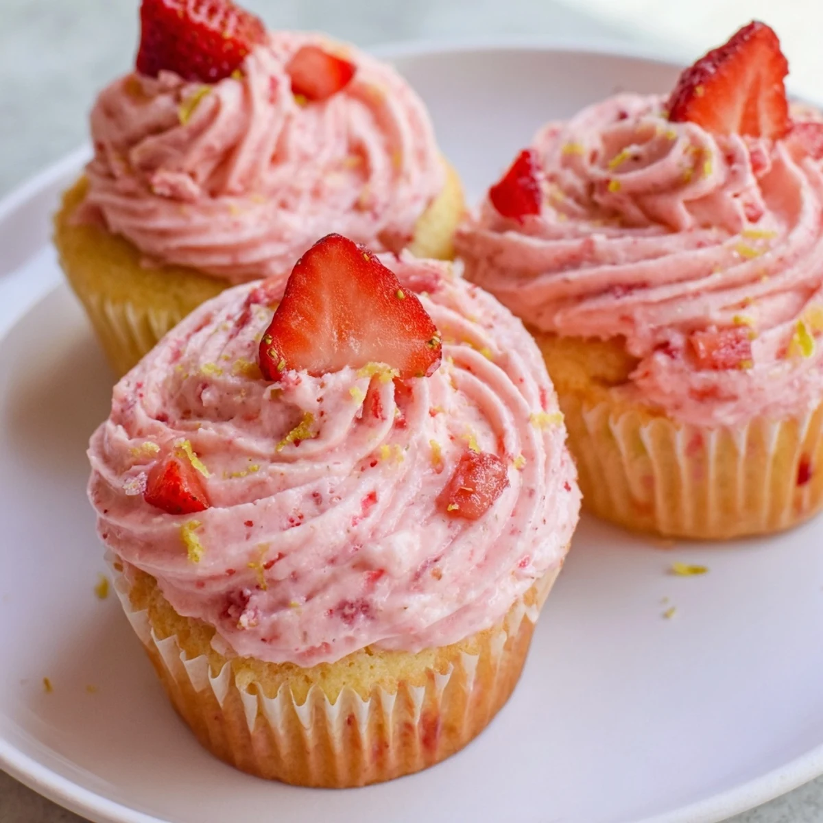 Strawberry Lemonade Cupcakes with swirls of pink buttercream, zesty lemon aroma.