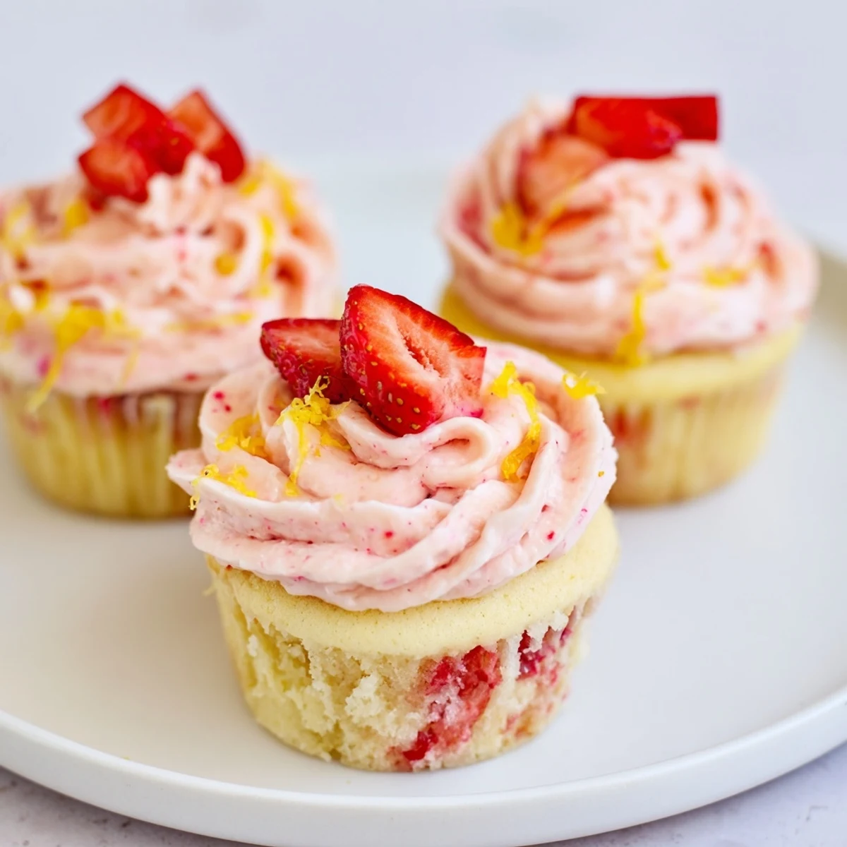 Fresh baked Strawberry Lemonade Cupcakes topped with diced strawberries and bright zest.