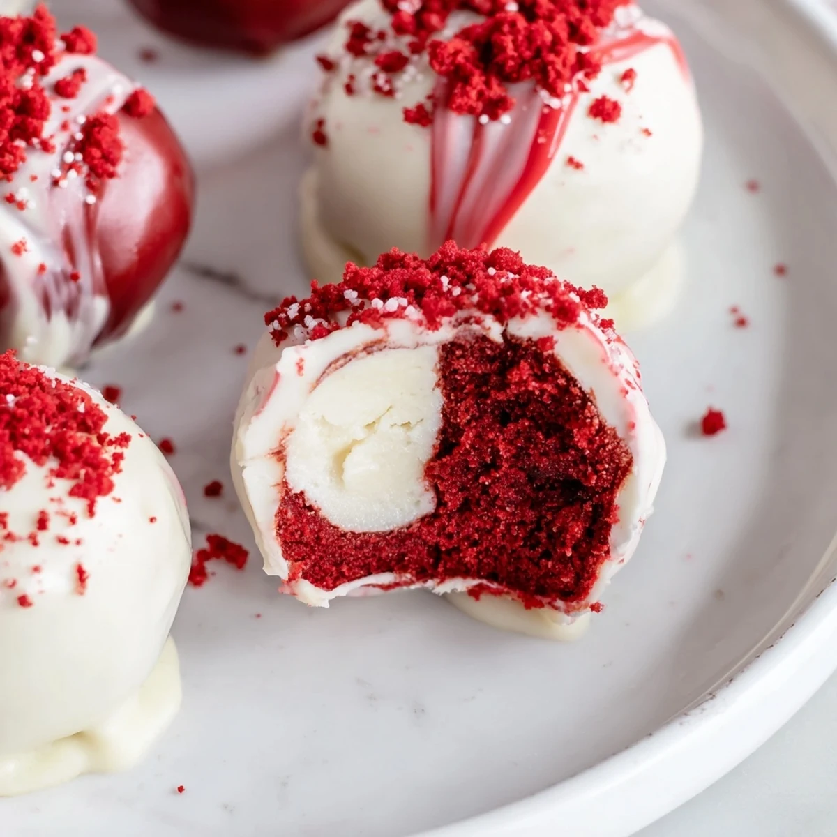 Red Velvet Cheesecake Balls piled on parchment, glossy chocolate coating and crumbs