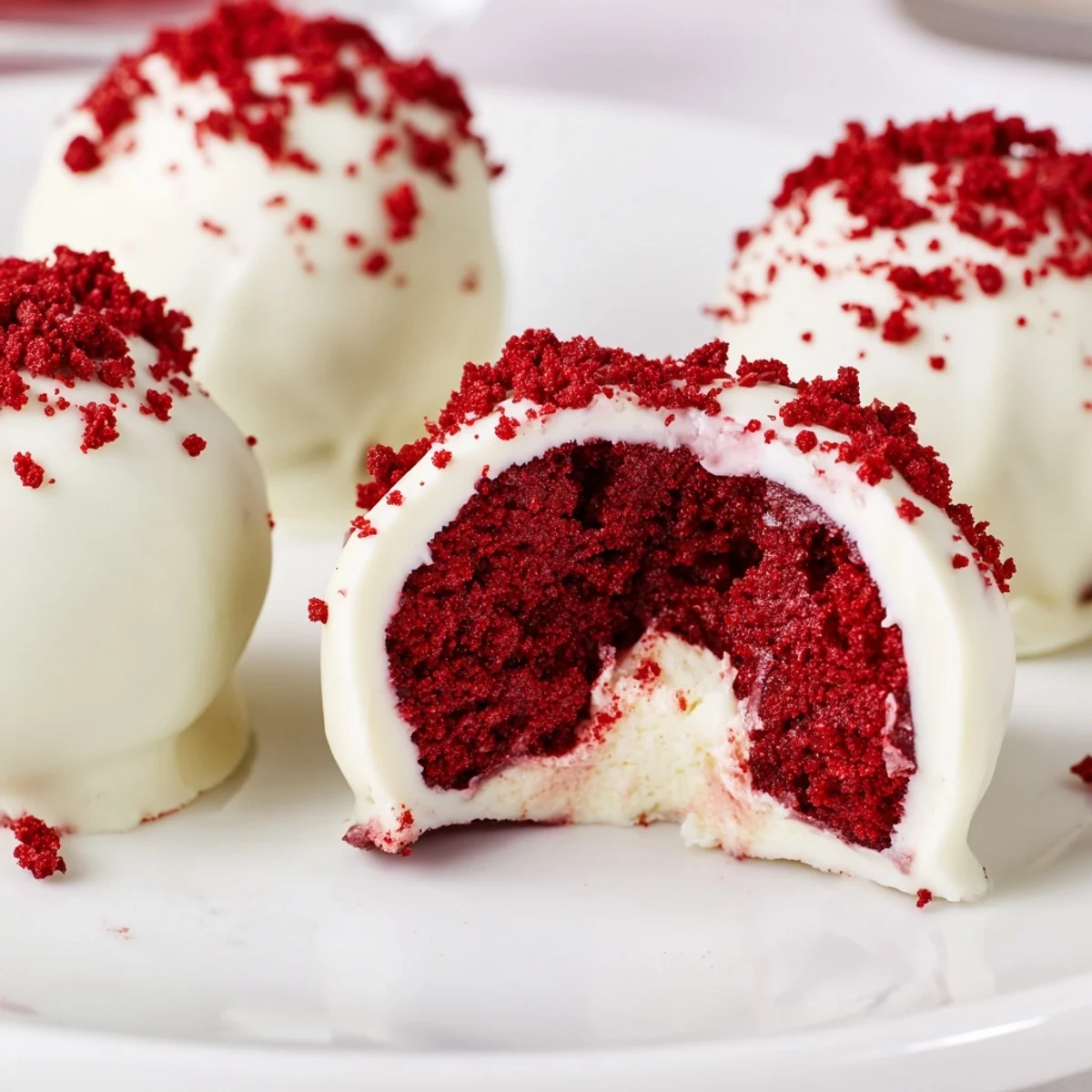 Plate of Red Velvet Cheesecake Balls chilled, creamy centers peeking through