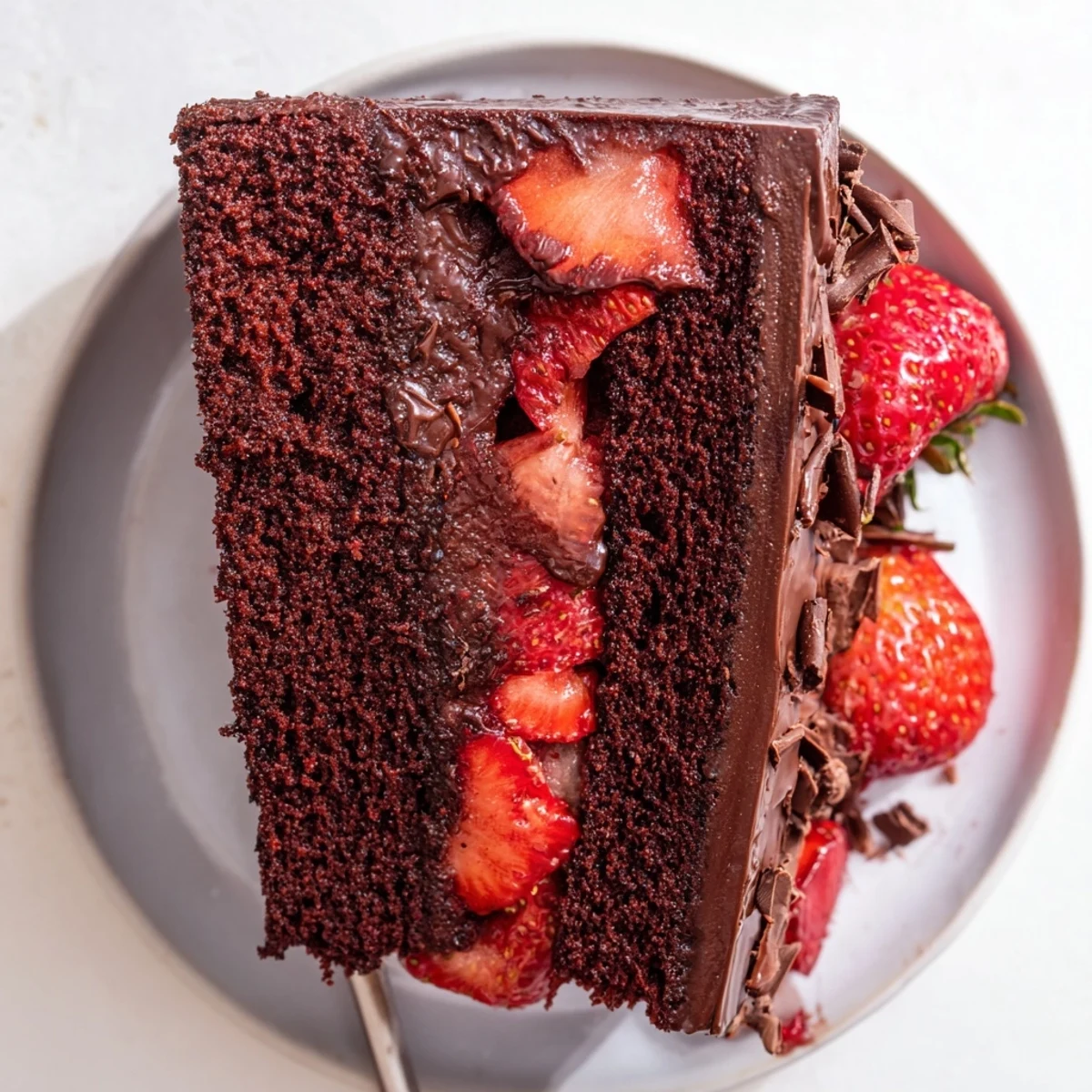 Strawberry Chocolate Cake sliced on plate, glossy ganache and fresh strawberry layers
