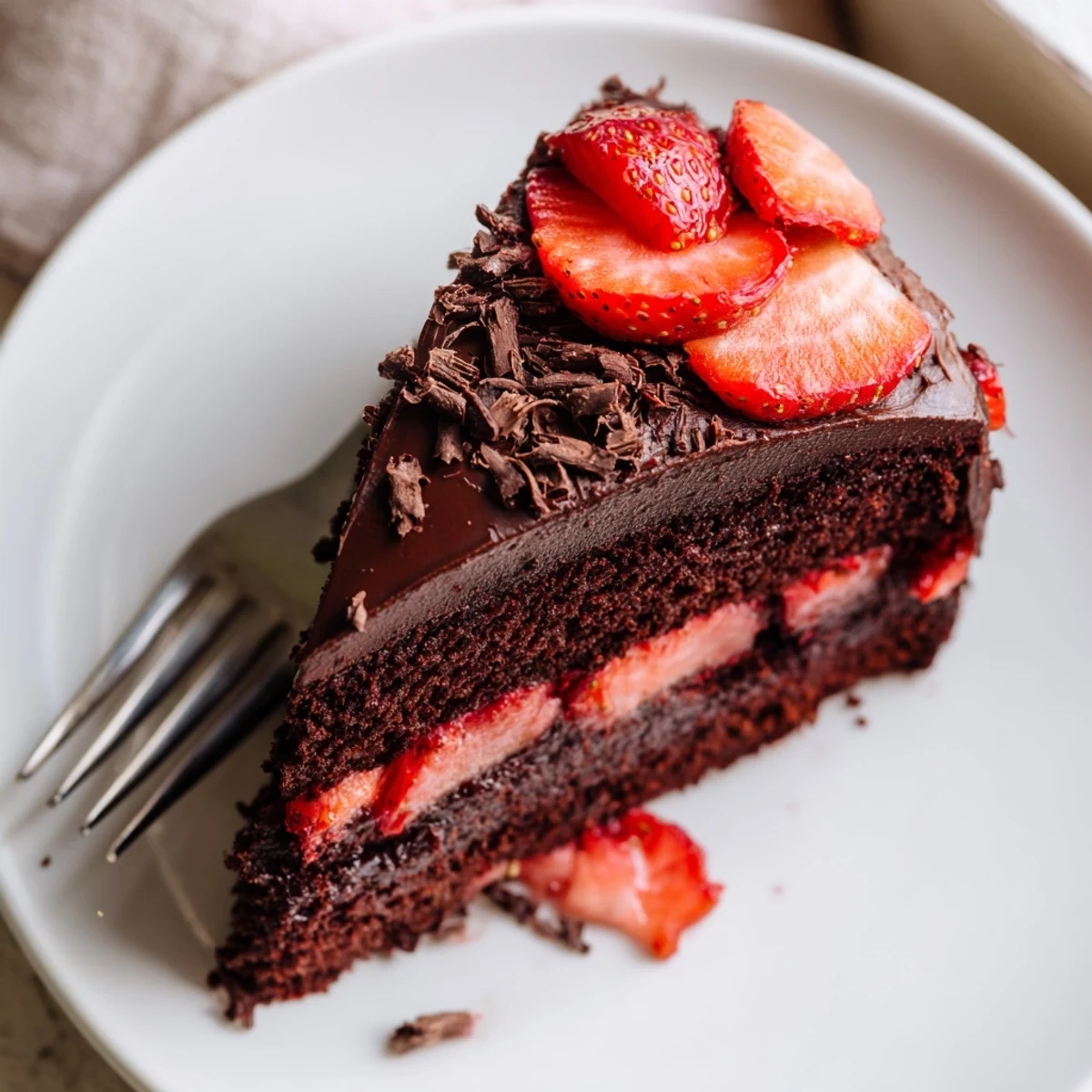 Moist Strawberry Chocolate Cake topped with halved berries and dark chocolate shavings