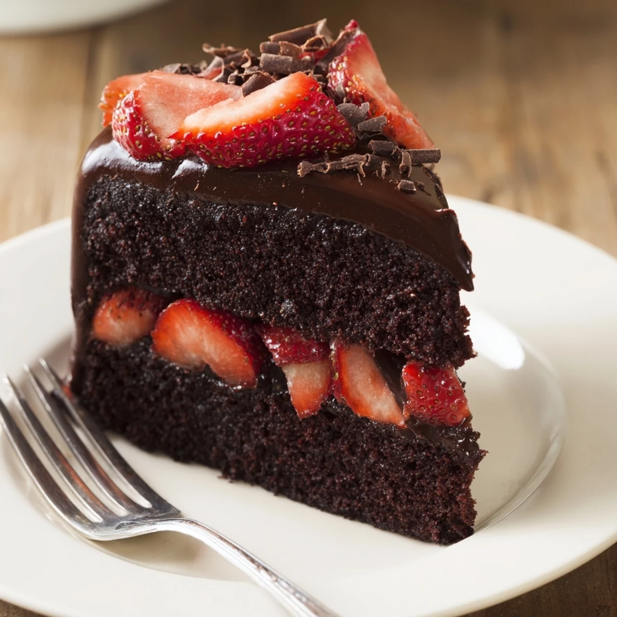 Slice of chilled Strawberry Chocolate Cake on fork, rich ganache and fragrant strawberries