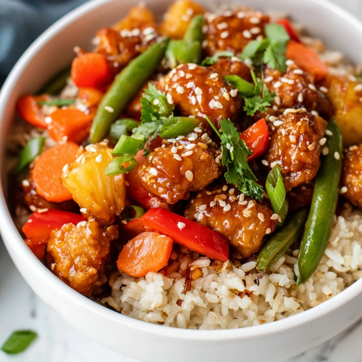 Vibrant pineapple chicken rice bowl with colorful bell peppers and snap peas