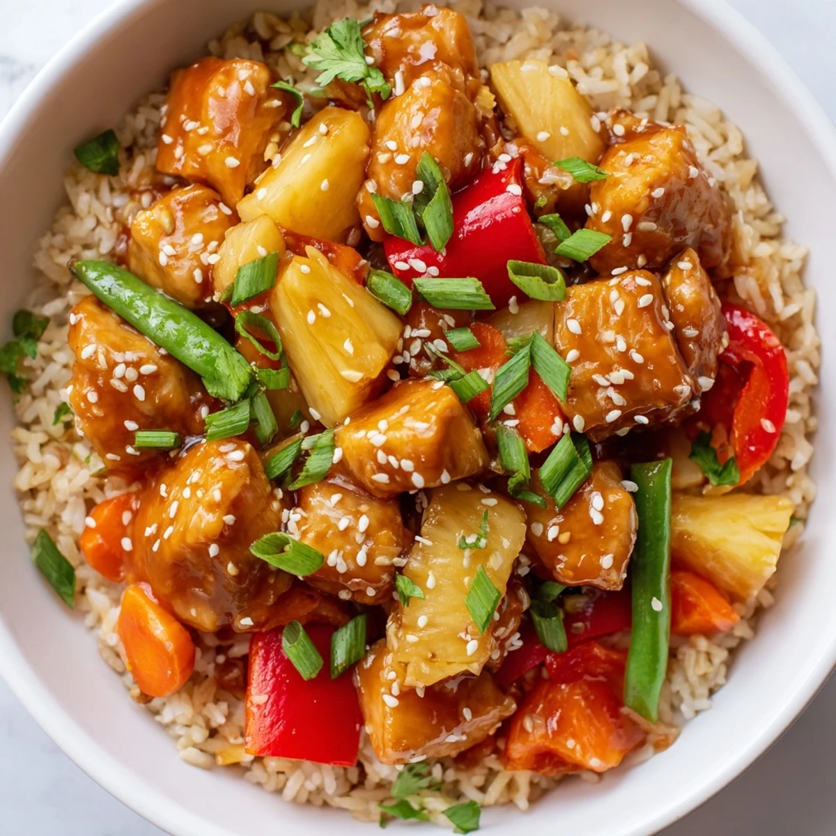Glossy pineapple chicken rice bowl topped with sesame seeds and fresh cilantro